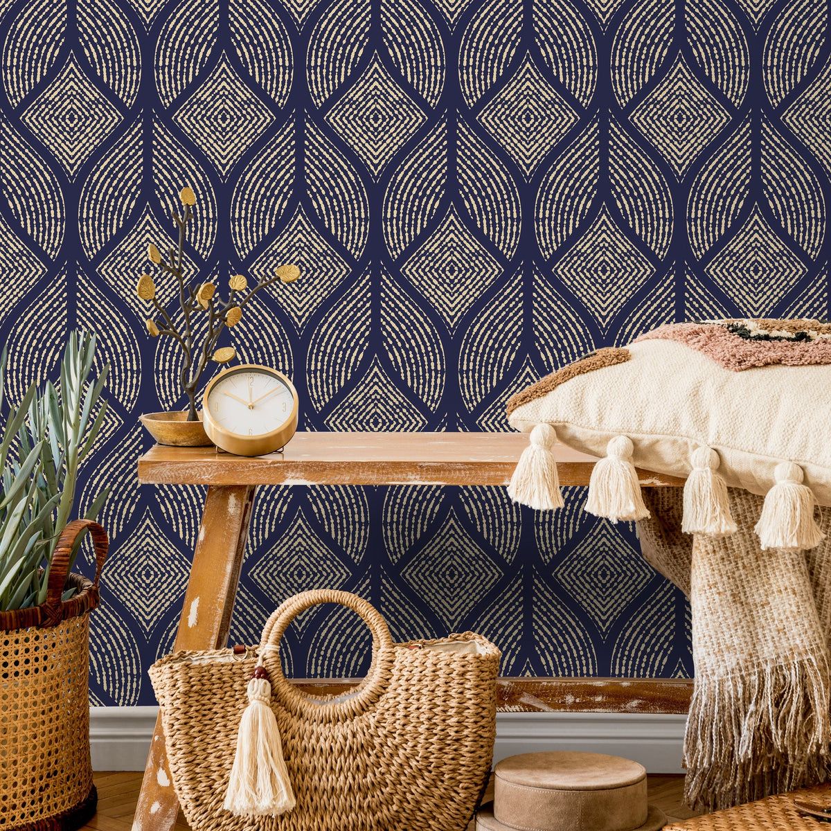 1200x1200 Art Deco Geometric Wallpaper with Dotted Diamond Motifs in Navy Blue and Beige