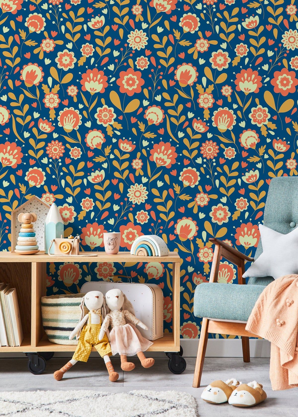 1200x1680 Retro Wallpaper with a Folk Art Floral Motif in Blue, Orange, and Yellow