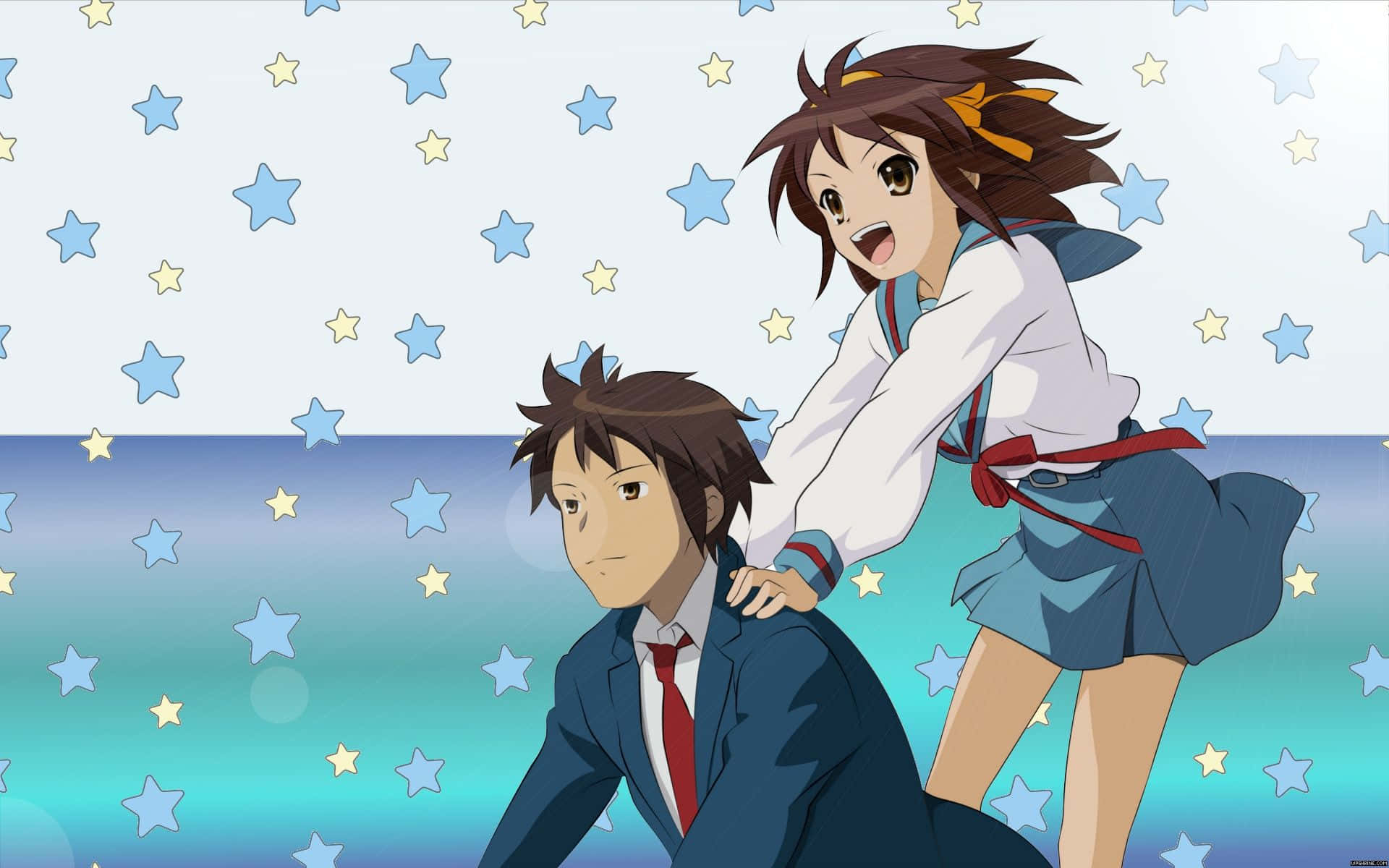 1920x1200 Download Kyon in deep thought against a vibrant backdrop Wallpaper