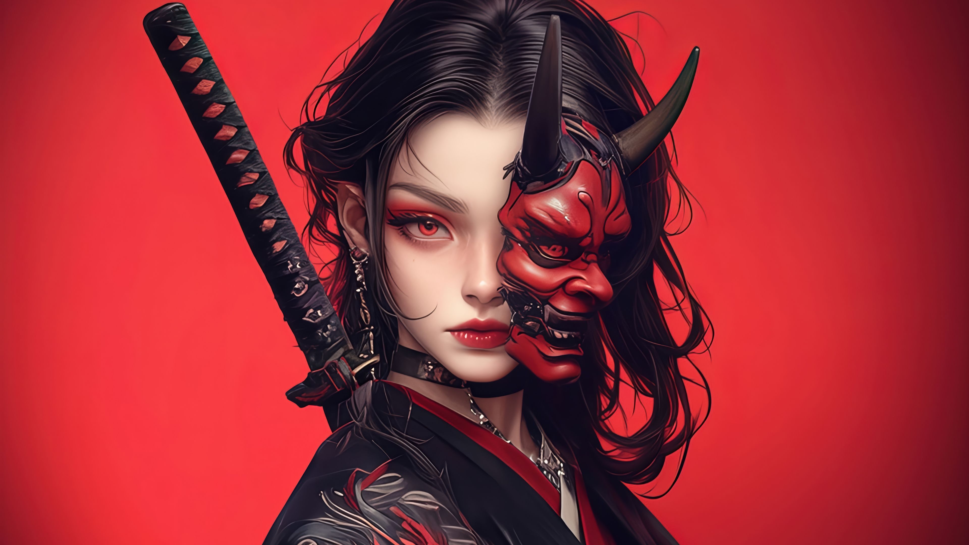 3840x2160 4K Ultra HD Anime Samurai Girl with Katana and Red Oni Mask