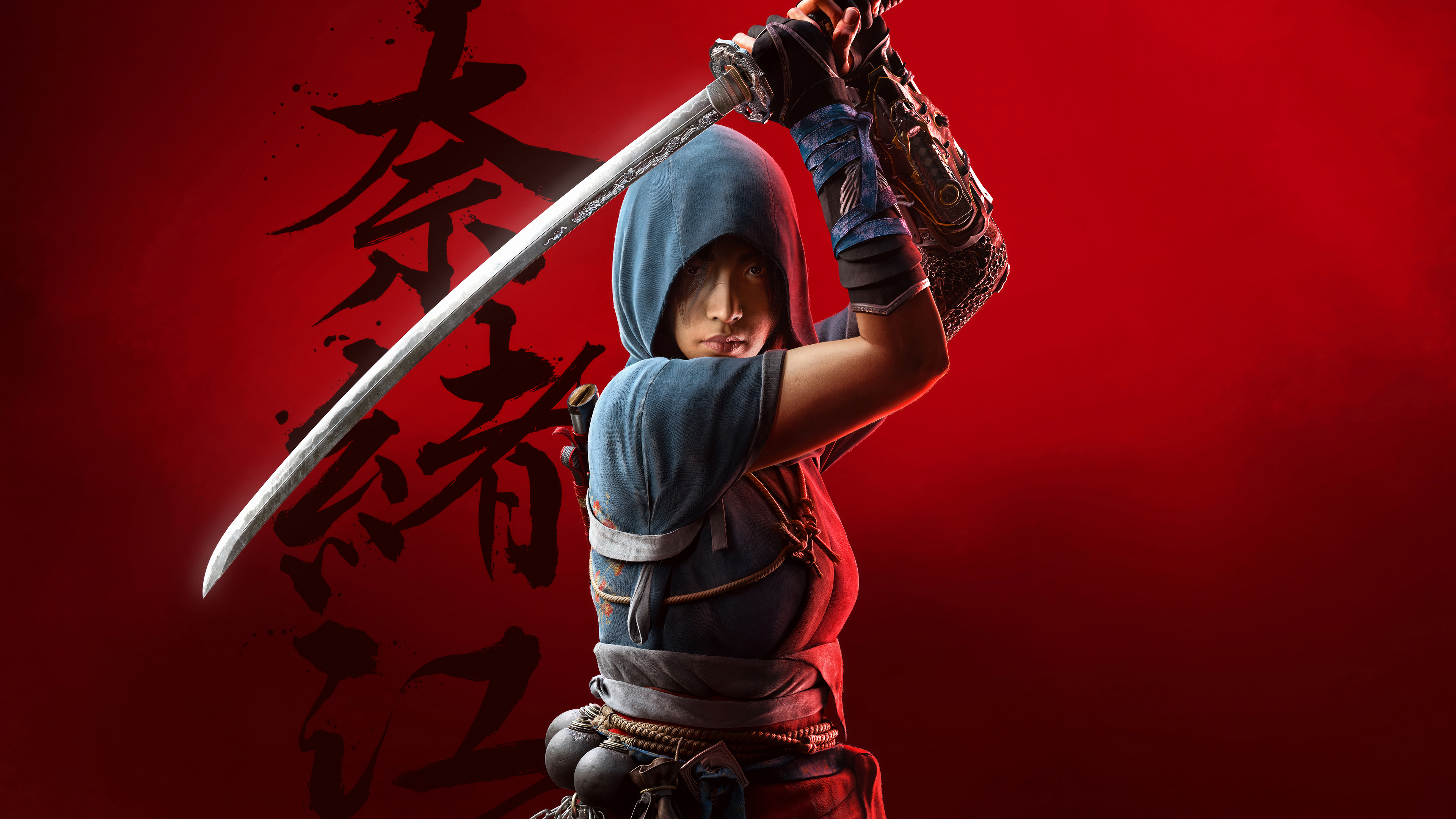 3840x2160 Beautiful samurai girl with a katana on a red background computer game Assassin's Creed Shadows Desktop wallpaper 600x382