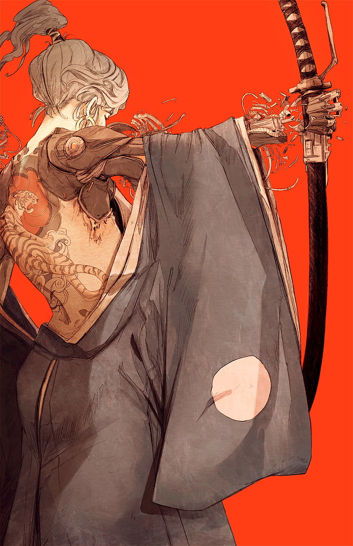 728x1125 HD wallpaper: samurai, cybernetics, women, katana, tattoo, broken, red background