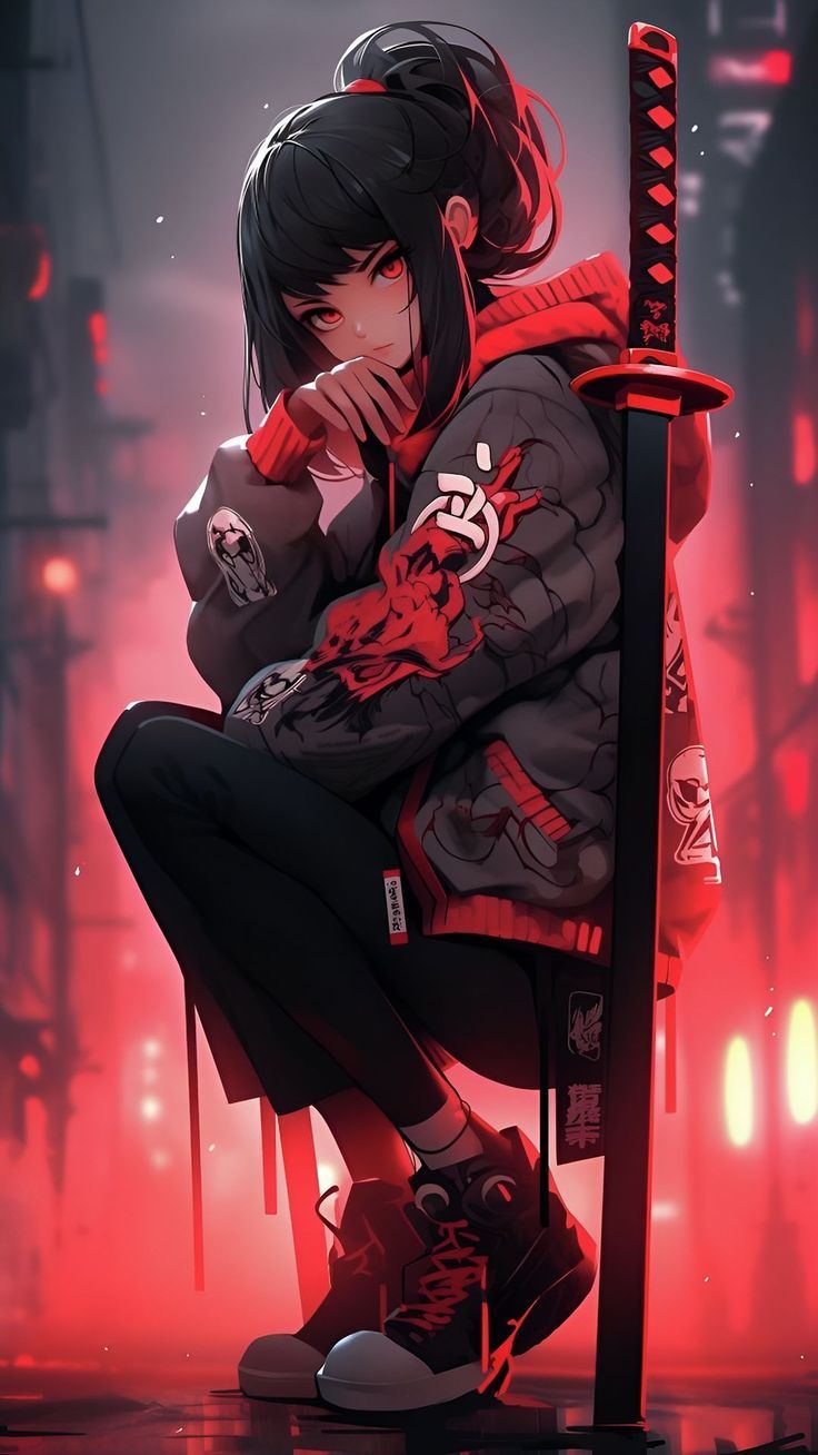 736x1308 Wallpaper girl, samurai, katana, red light, AI 4K by Lover of aesthetics. Download wallpaper girl, samurai, katana, red light for free