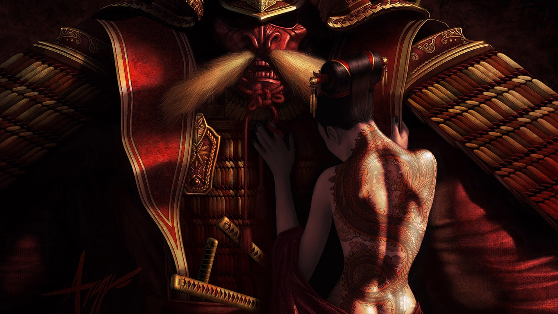 1920x1080 Woman with black back tattoo leaning on red samurai suit HD wallpaper