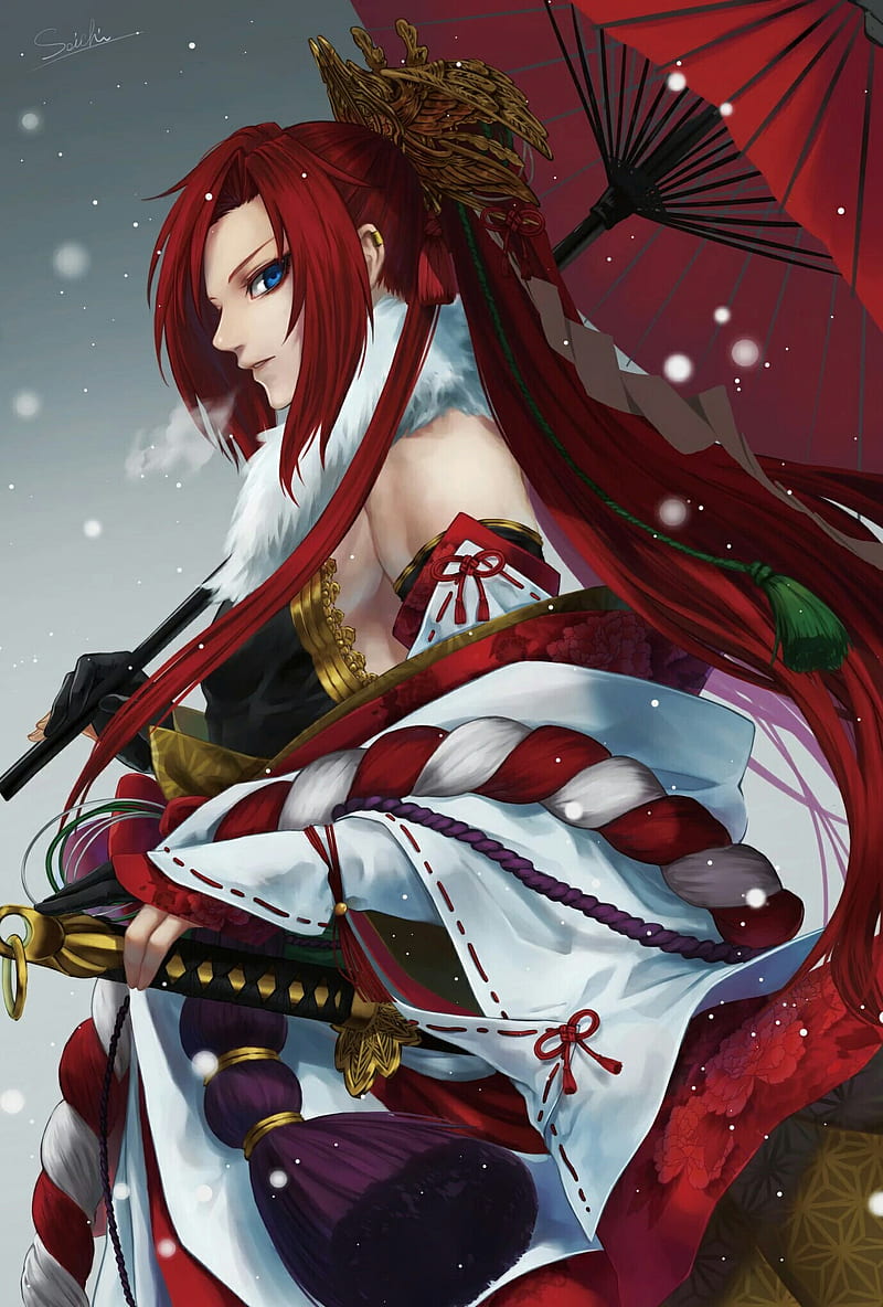 800x1184 Girl, kimono, umbrella, anime, art, samurai, red, HD phone wallpaper