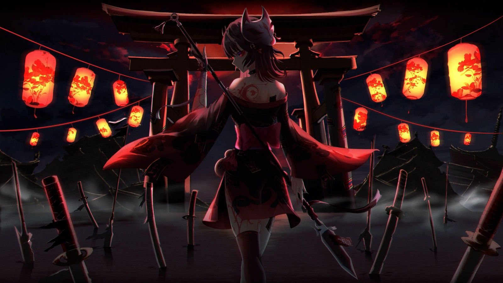 1600x900 Anime Girl Red Dress Ninja Lanterns HD Anime Girl Wallpaper