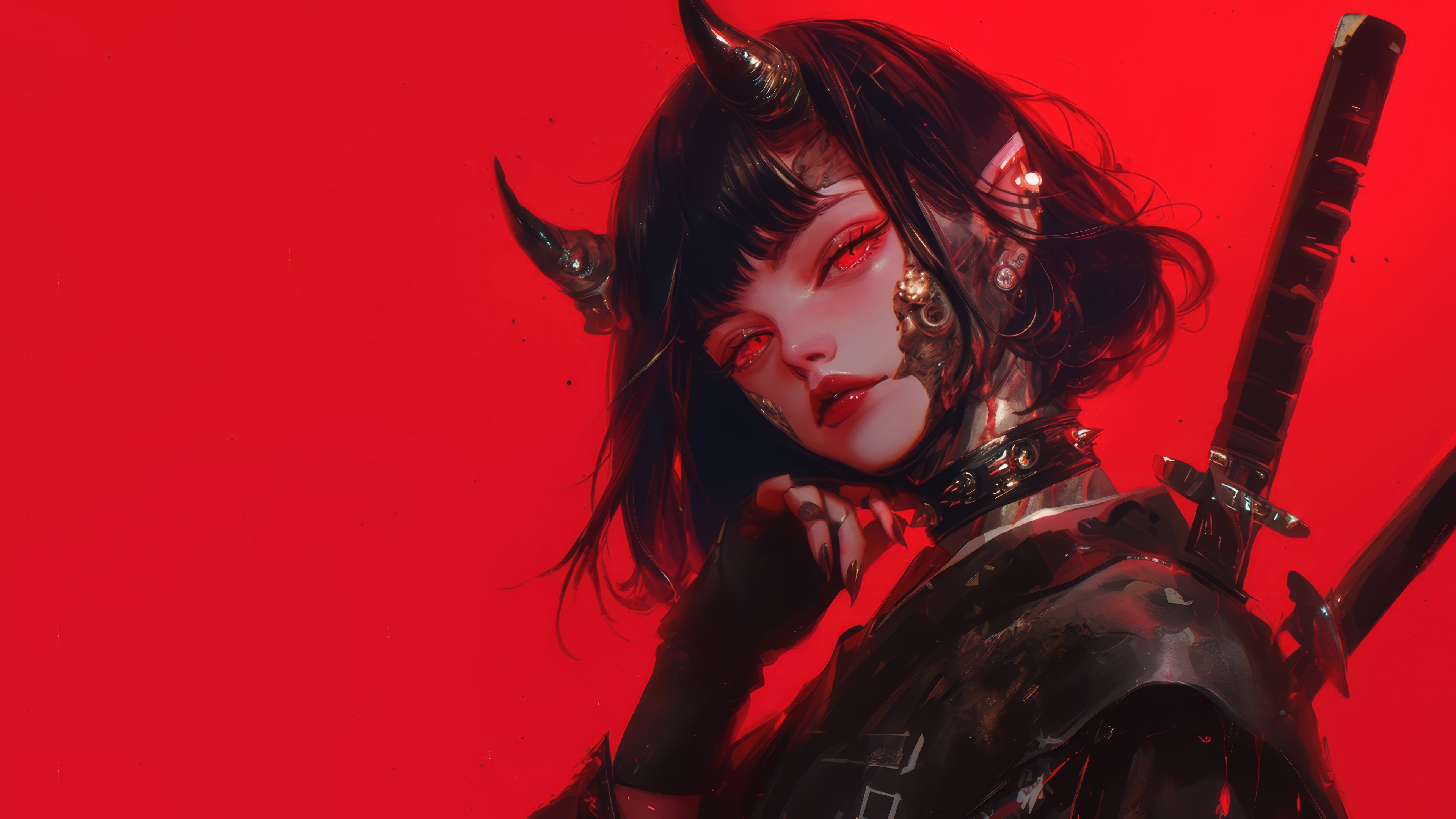 3840x2160 Wallpaper demon, devil, anime, red eyes, katana, samurai, warrior, red background for mobile and desktop, section ии арт, resolution 3840x2160