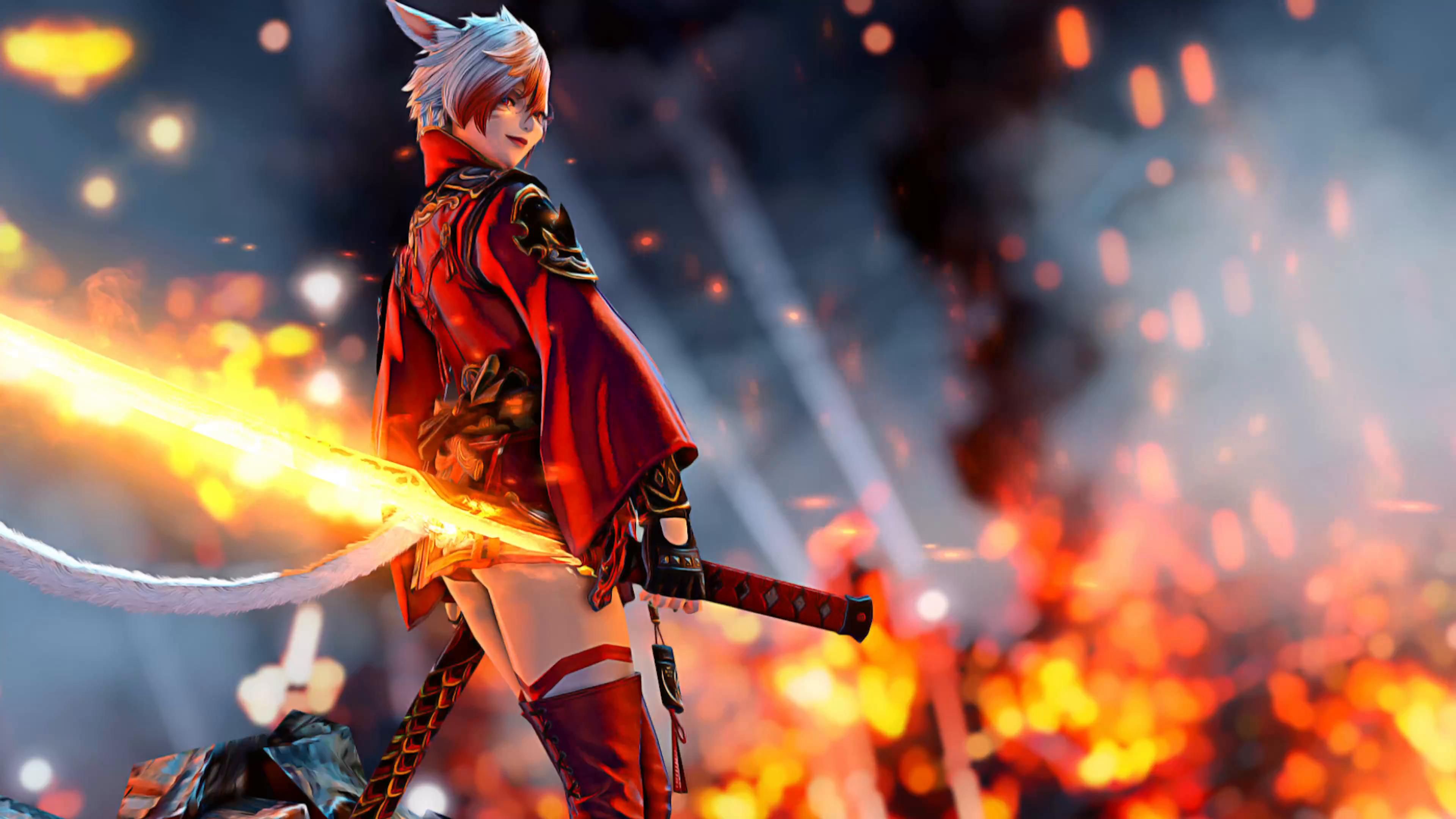 3840x2160 Samurai CatGirl With Sword in Final Fantasy 14 Live Wallpaper