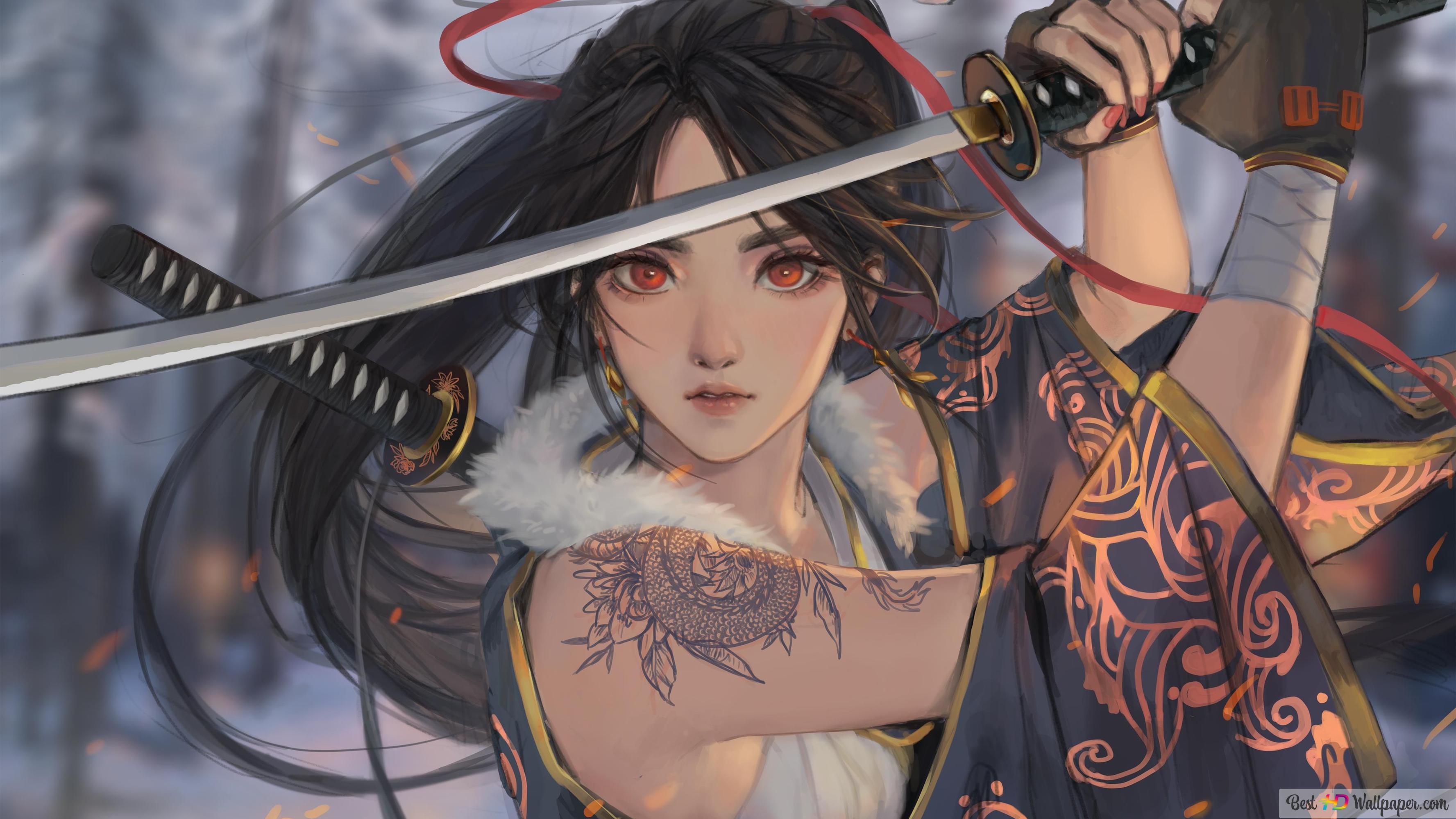 3554x1999 Beautiful anime samurai girl with long dark hair, tattoos, red eyes in 4K wallpaper download