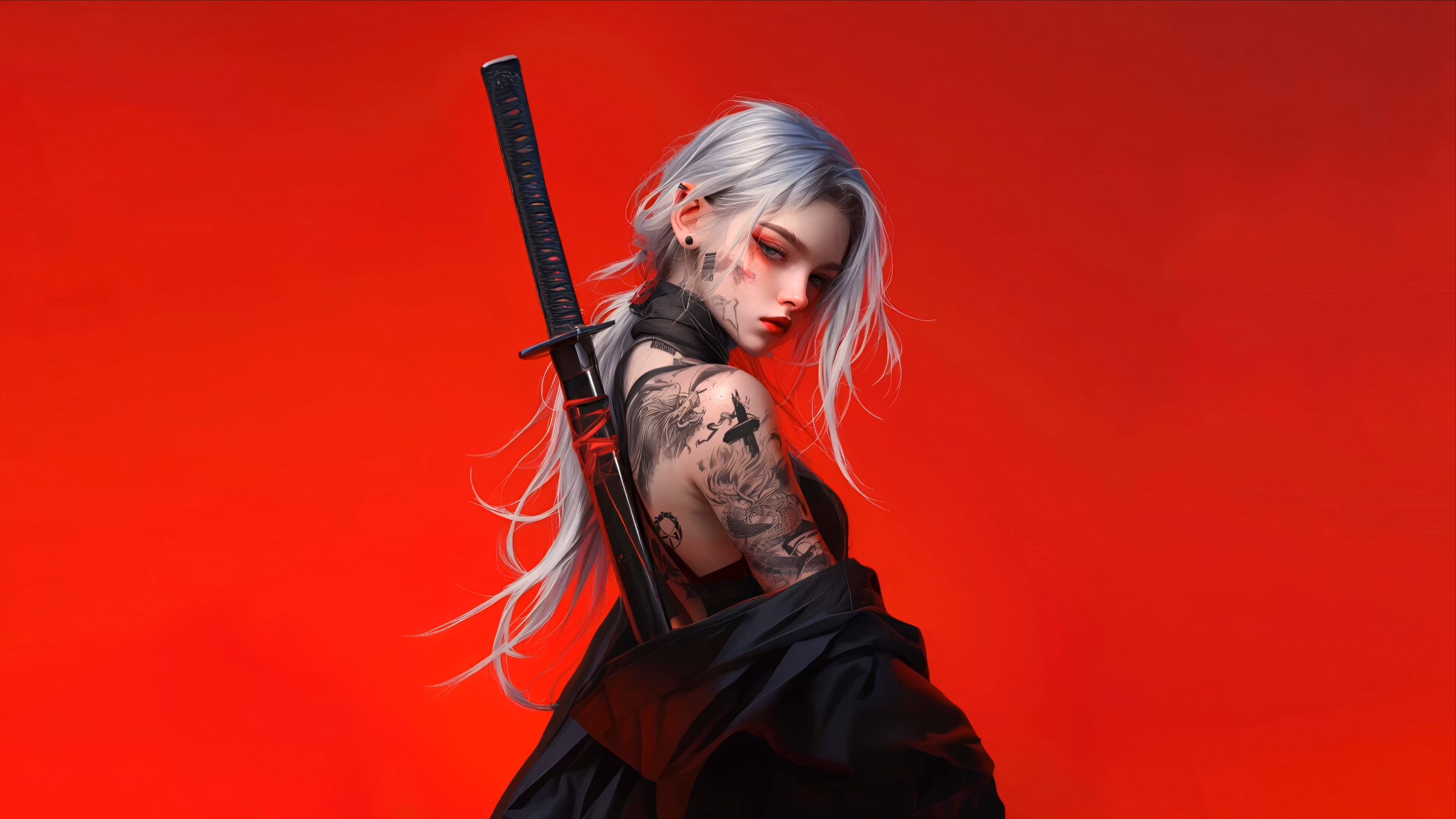 3840x2160 Red Samurai Girl Katana Aesthetic Live Wallpaper