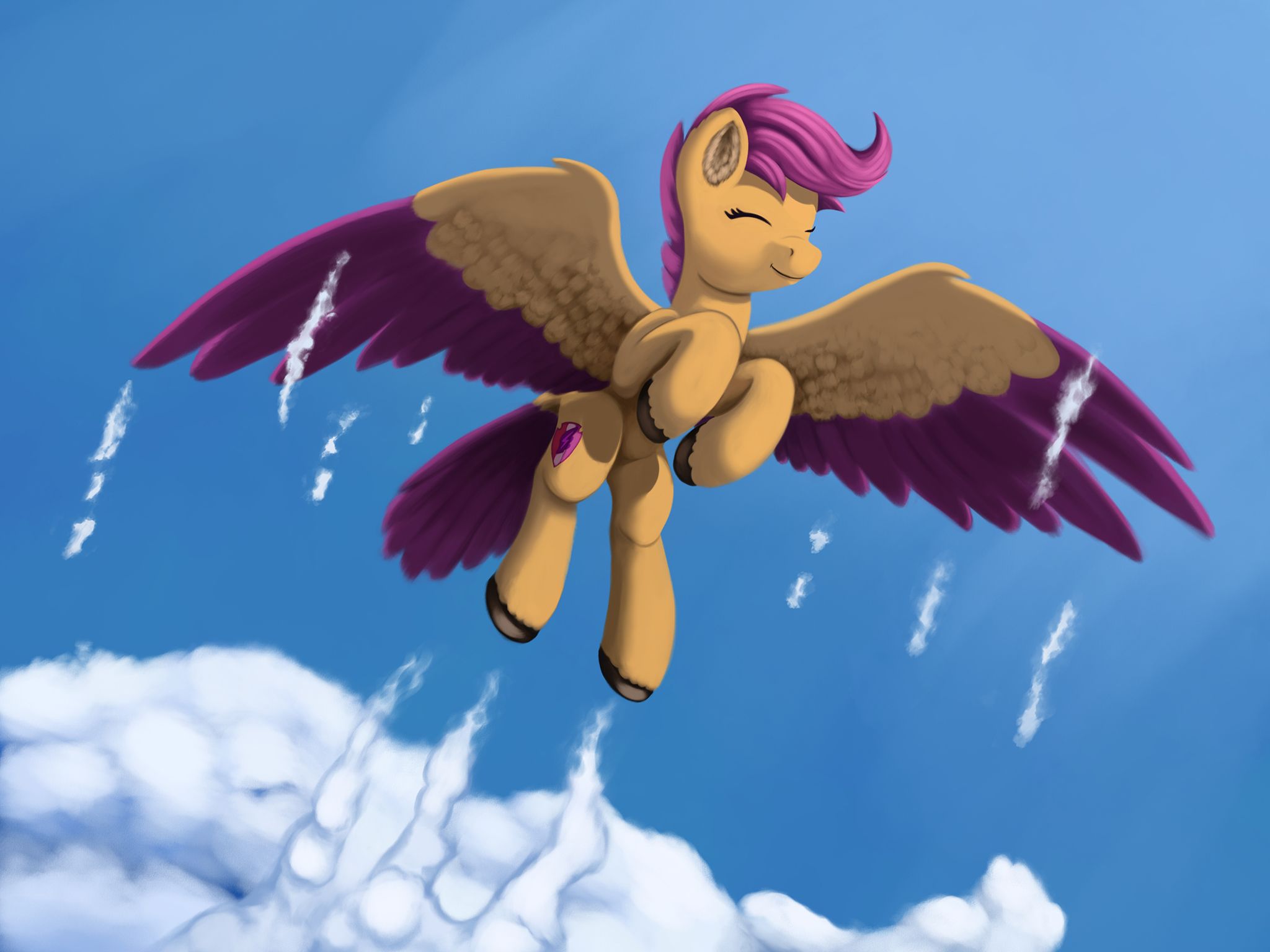 2048x1536 safe, artist:redquoz, character:scootaloo, species:pegasus, species:pony, alternate design, bird pone, bird tail, cloud, colored hooves, colored wings, cutie mark, eyes closed, female, filly, hooves, large wings, paintstorm studio, scootaloo