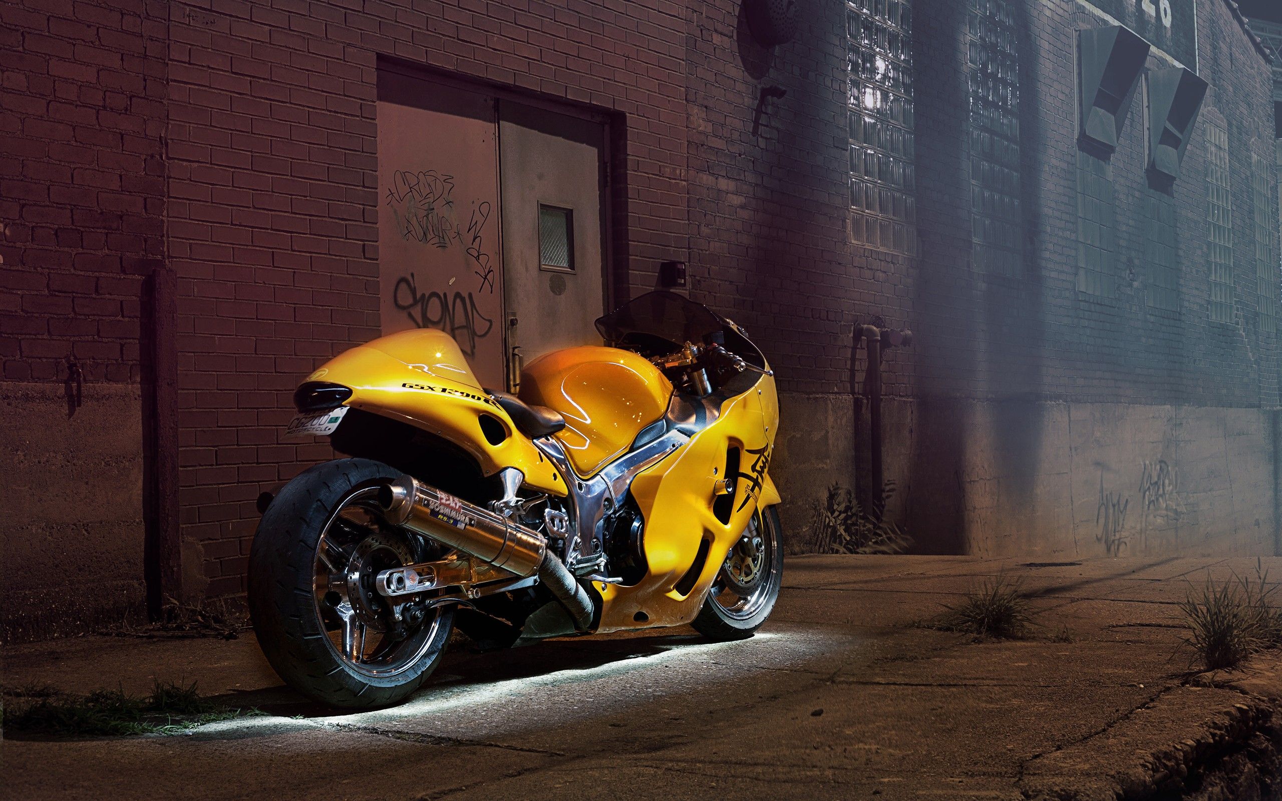 2560x1600 Wallpaper Yellow and Black Sports Bike Parked Beside Brown Brick Wall, Background Free Image