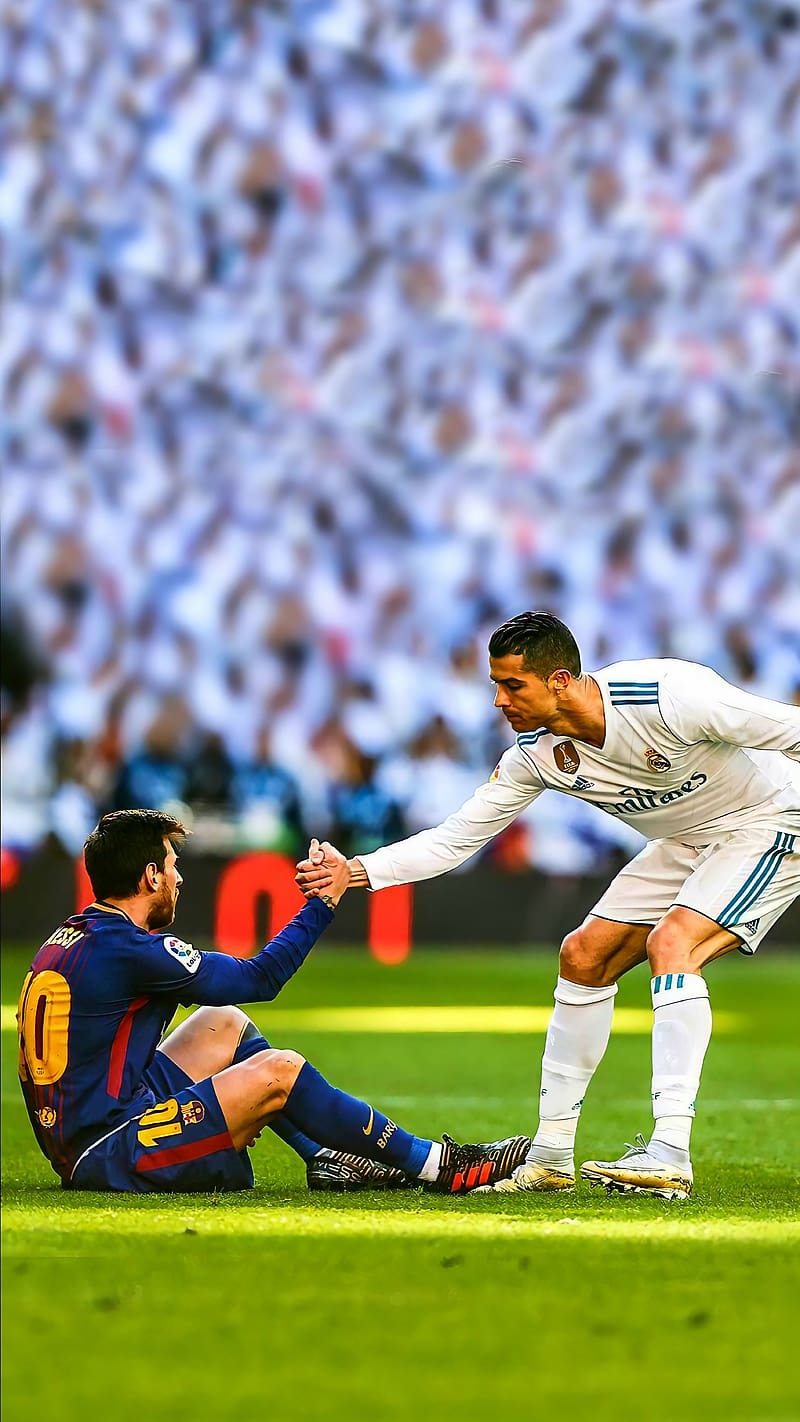 800x1422 Ronaldo And Messi, Ronaldo Helping Messi, footballer, sportsmanship, HD phone wallpaper
