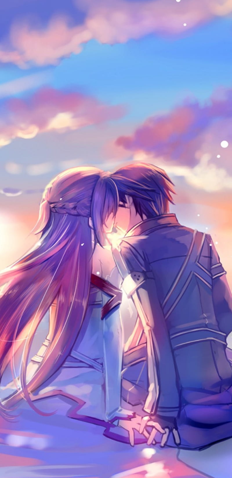 800x1644 AnimeKiss, anime, blue, boyfriend, girlfriend, kiss, love, pink, sunset, HD phone wallpaper