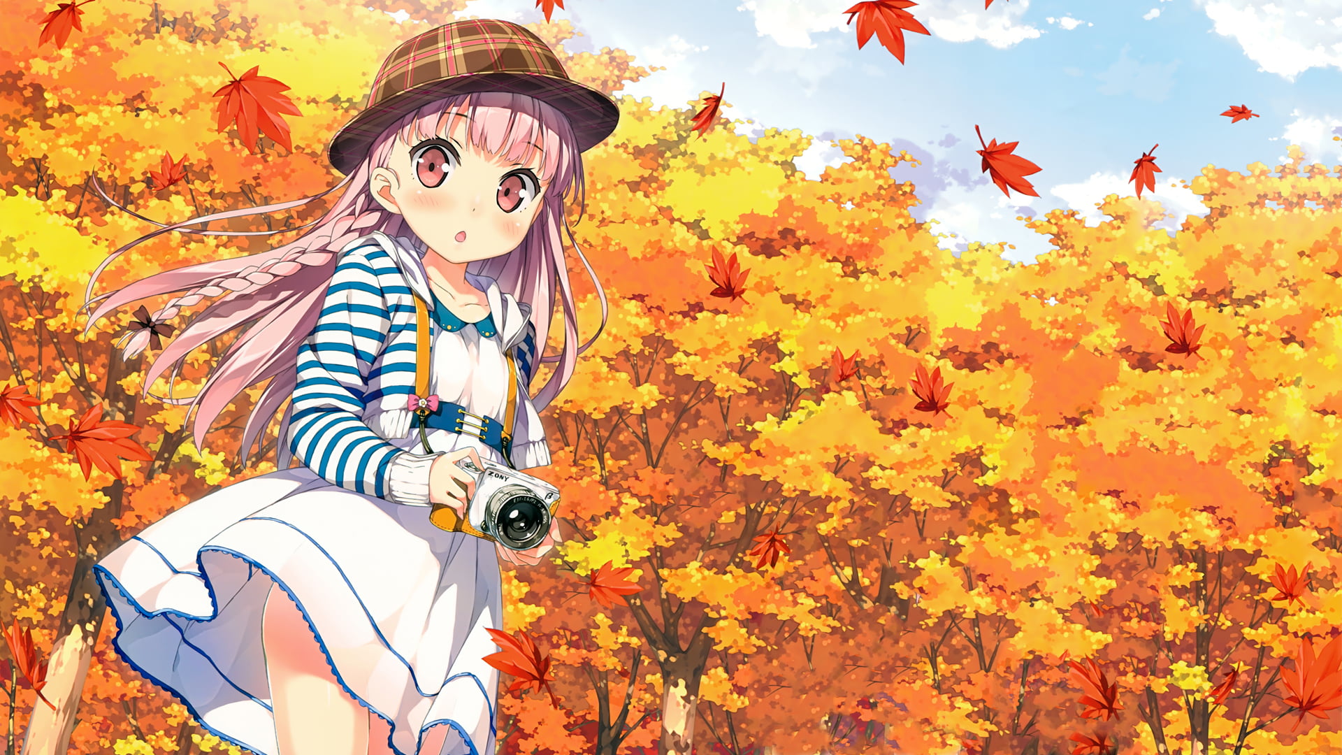 1920x1080 Pink haired female anime character digital wallpaper, Kantoku, fall, pink hair HD wallpaper