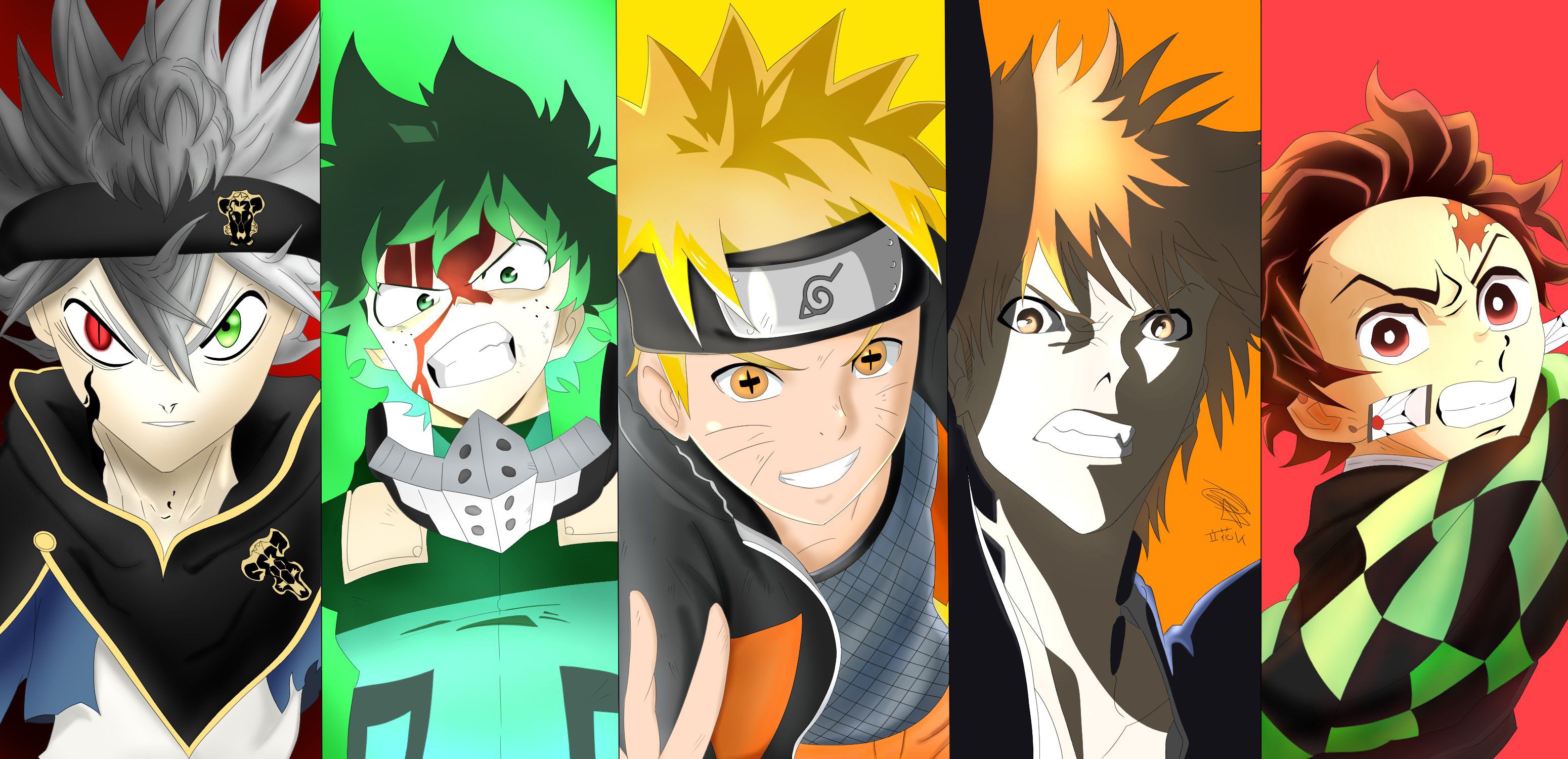 3100x1500 Epic Anime Crossover: Tanjiro, Ichigo, Naruto, Deku & Asta HD Wallpaper by 立花レイx1500