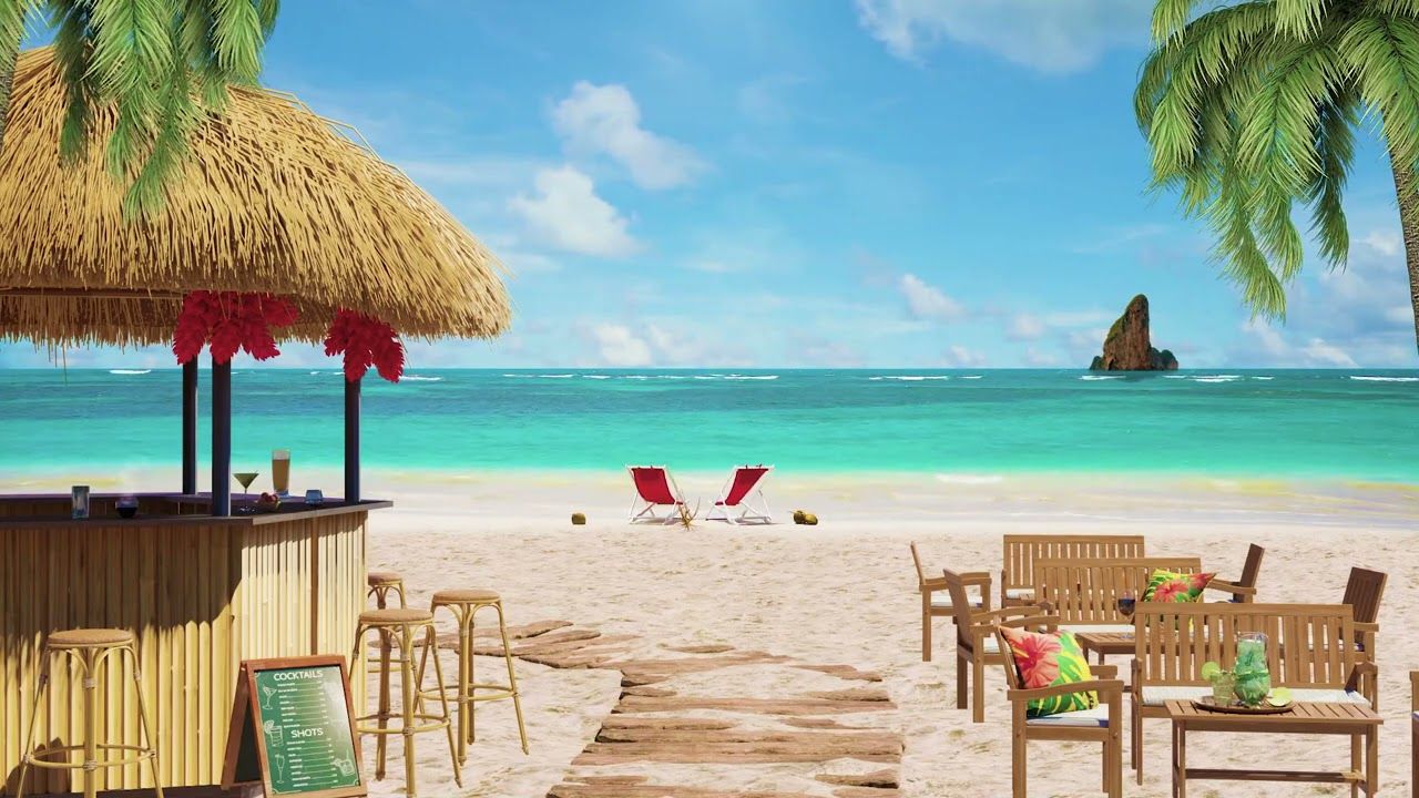 1280x720 Beach Cafe Ambience on a Tropical Island with Ocean Waves Sounds and Hawaiian Music
