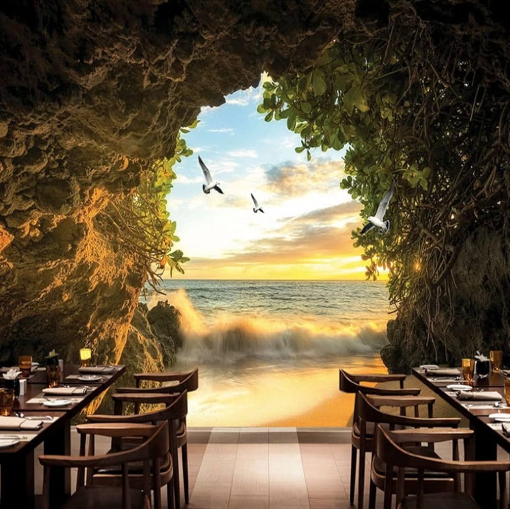 1000x999 Wall Mural 3D Effect Modern Cave Coastal Landscape Picture Wallpaper Non Woven Mural Restaurant Cafe Dining Room Background Wall Decor 150Cm(W)*105Cm(H) : Amazon.nl: DIY & Tools