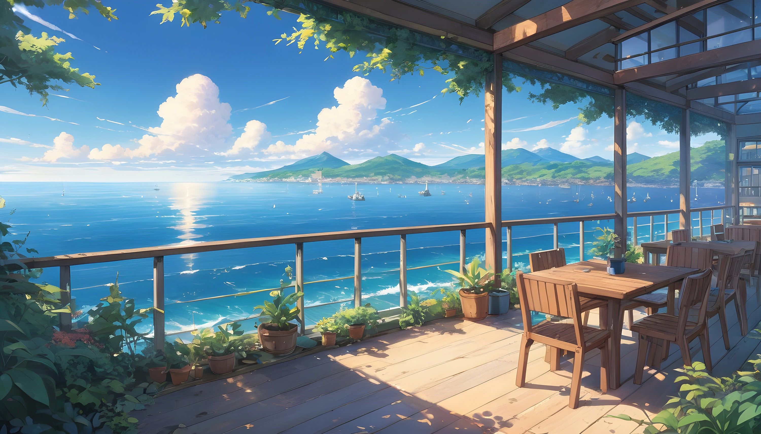 3000x1714 Ocean Side Cafe Anime Style 4k Wallpaper