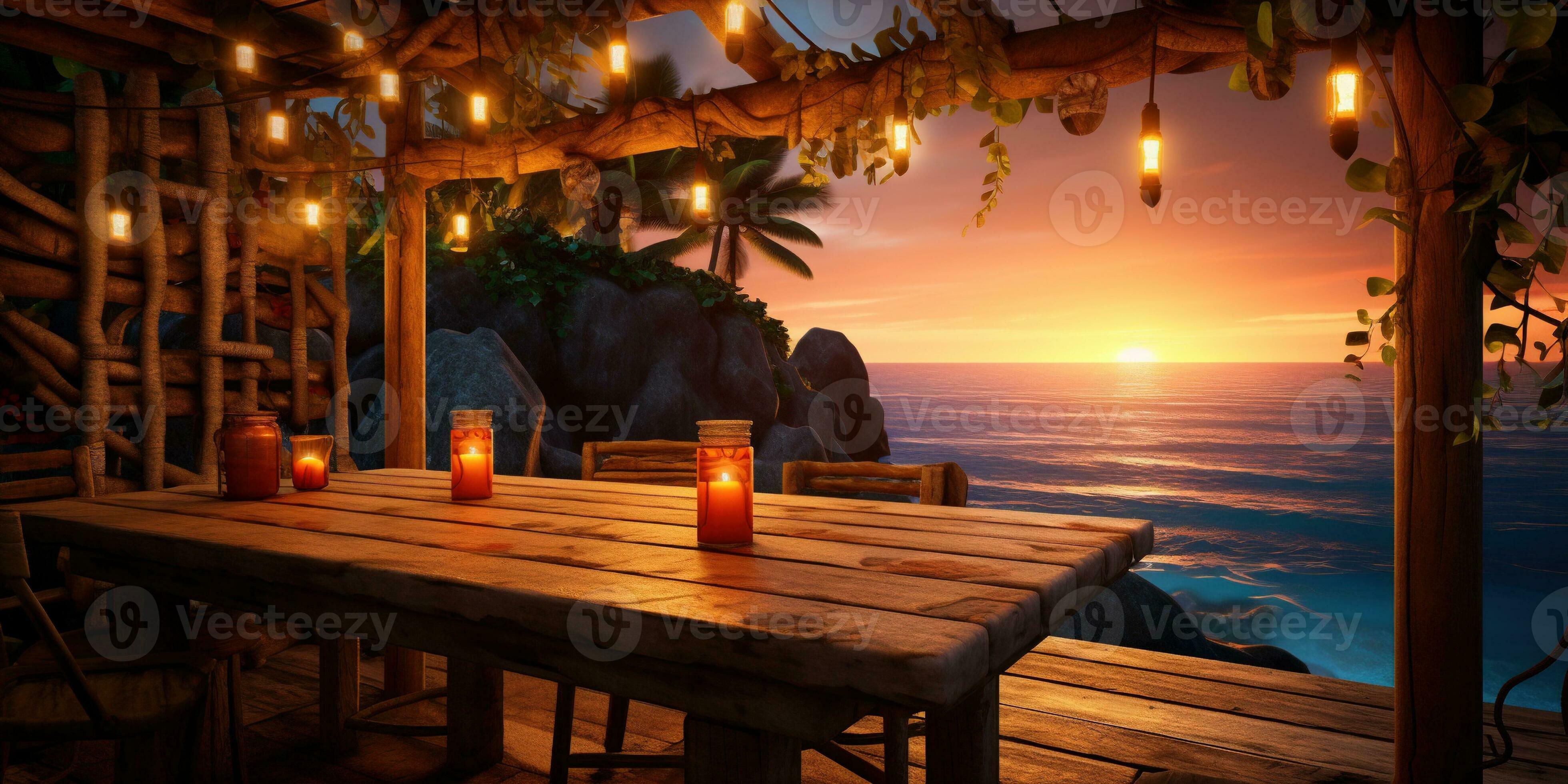 3920x1960 Generative AI, Tropical summer sunset beach bar background. Outdoor restaurant, Led light candles and wooden tables, chairs under beautiful sunset sky, sea view