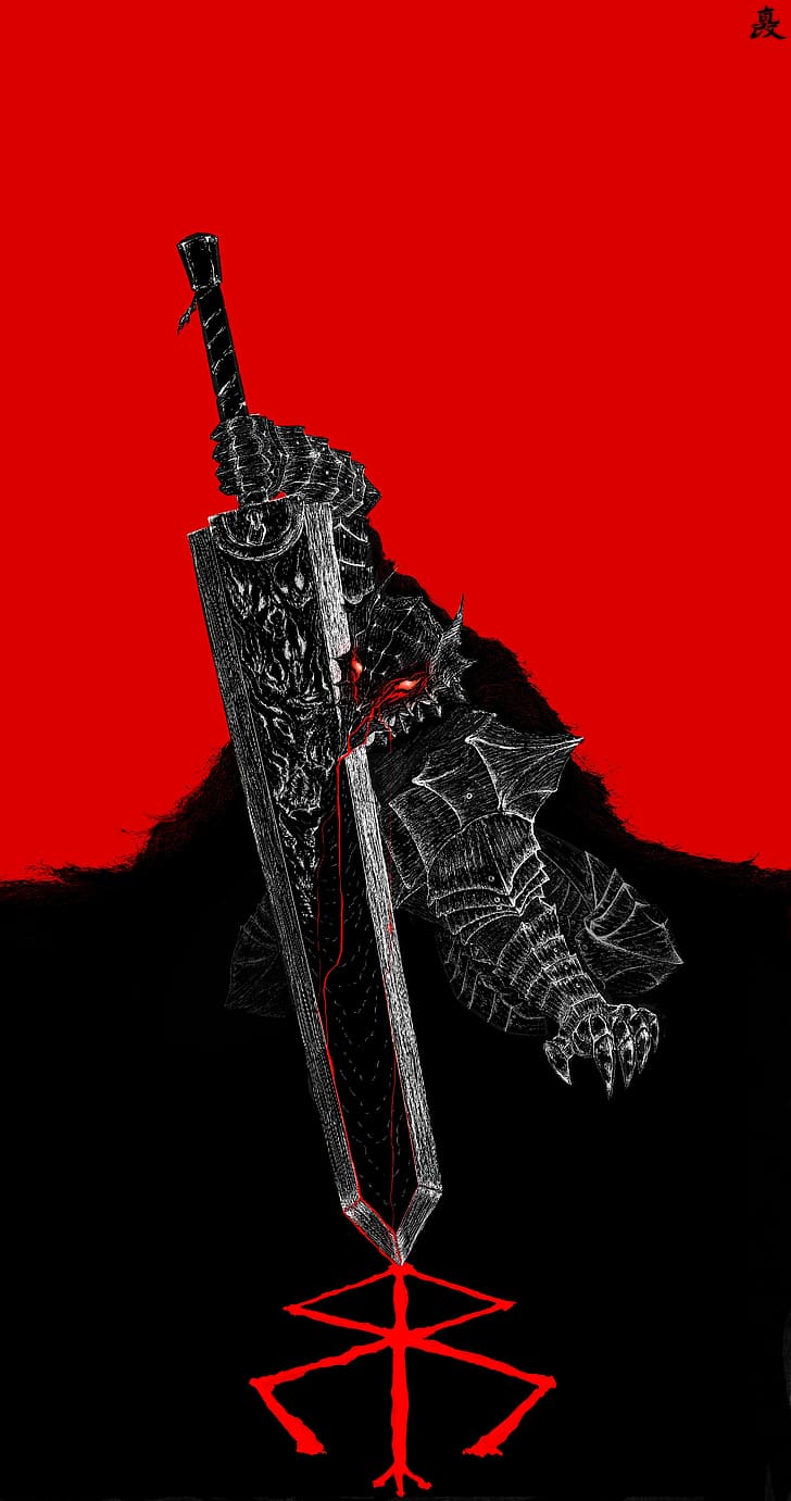 728x1381 HD wallpaper: Berserk, Guts, berserk armor, red, sword, black, Bleeding Eyes