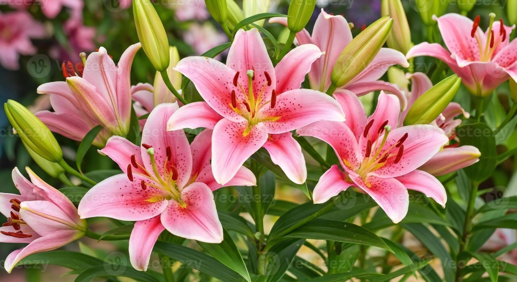 1797x980 Flowers background, Flowers wallpaper, Close up view of blooming pink lilies with prominent stamens and green buds