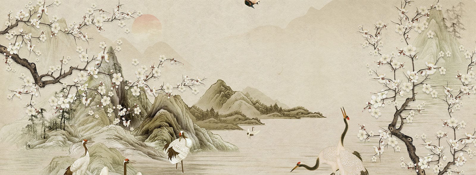 1600x589 Serene Oriental Crane Landscape Mural Wallpaper in Soft Earthy Tones