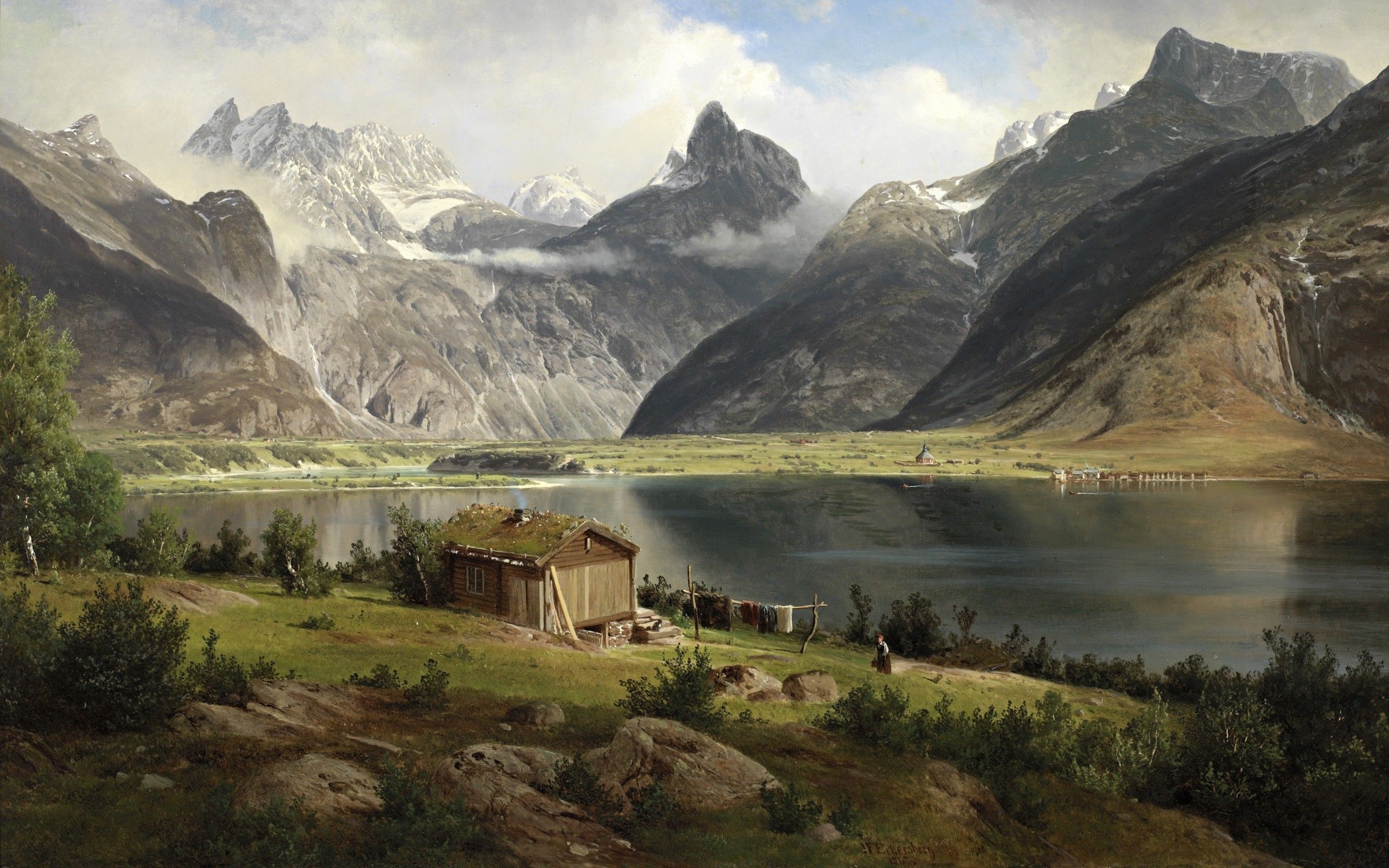 2560x1600 house, Lake, Mountains, Drawing, Landscapes, Paintings, Painting Wallpaper HD / Desktop and Mobile Background
