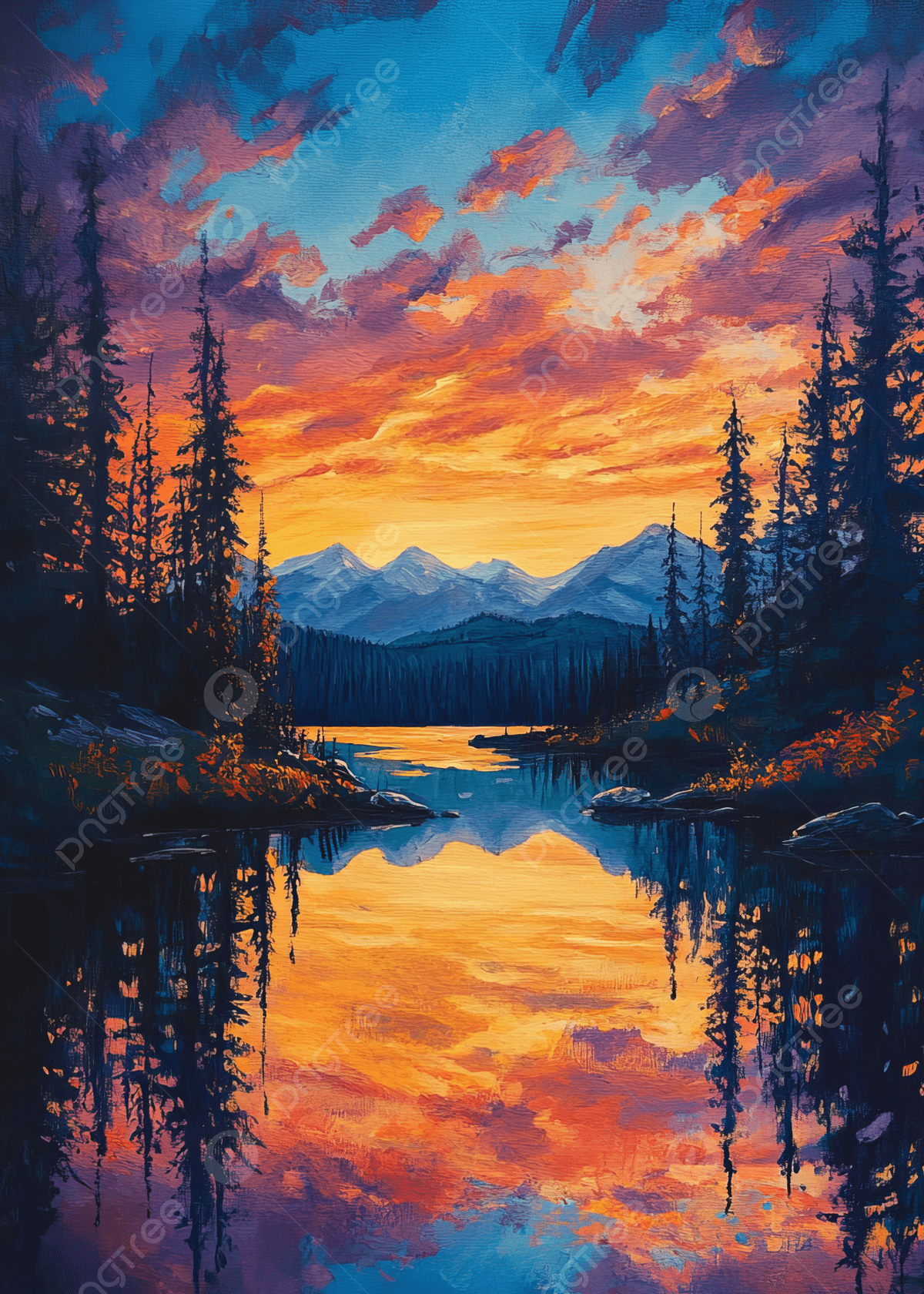 1200x1680 A Stunning Painting Of Sunset Over Lake With Trees And Mountain Reflections In The Water Background Wallpaper Image For Free Download