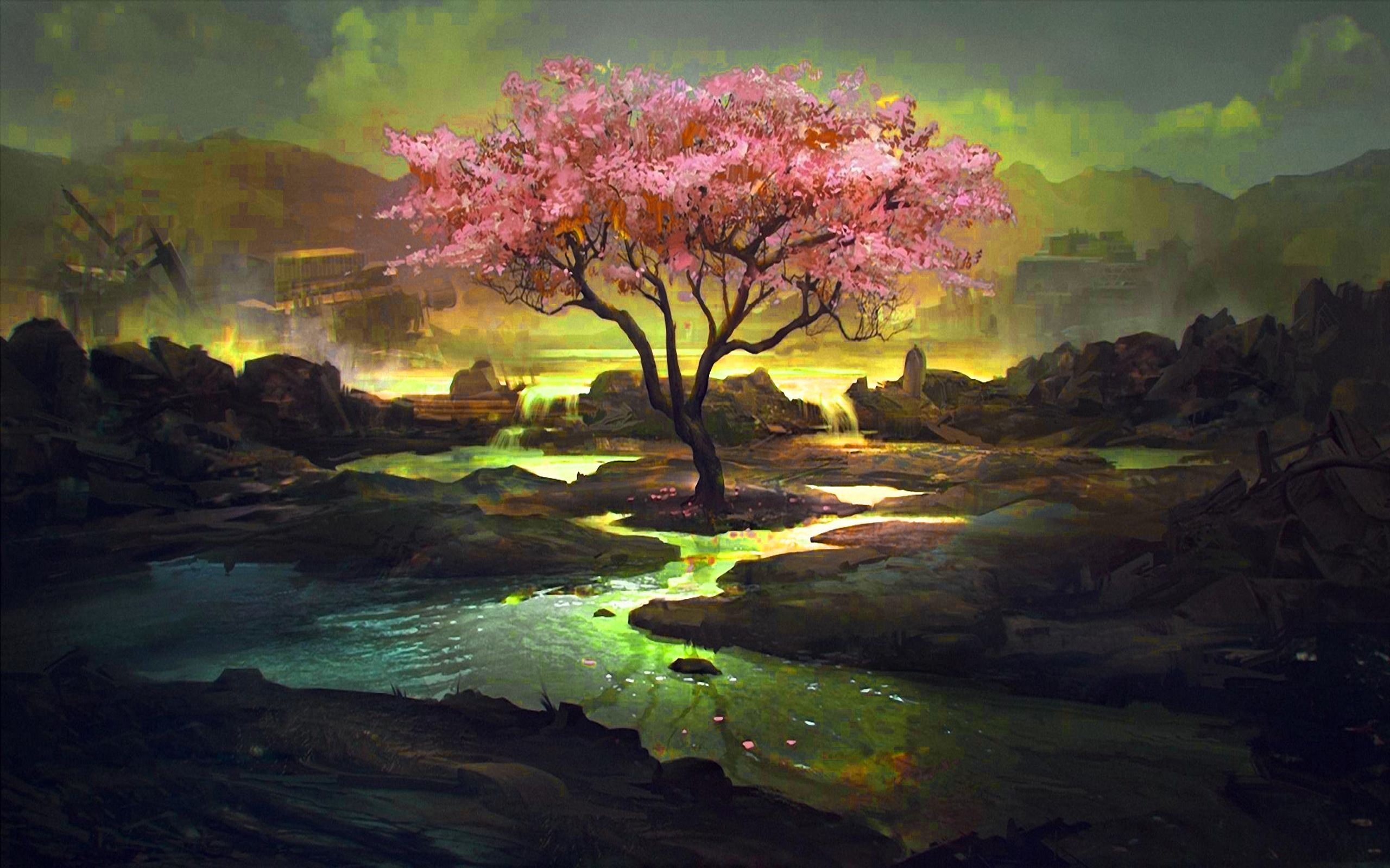 2560x1600 Wallpaper Pink and Green Trees Beside River Painting, Background Free Image