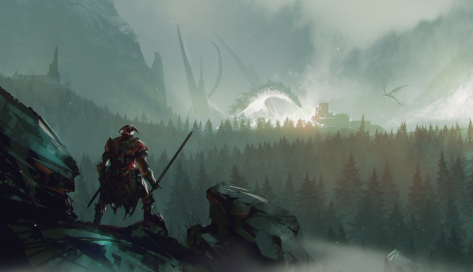 1920x1104 Dragonstorm Over the Ruined Town Armored Warrior's Stand by Ömer Tunçx1104