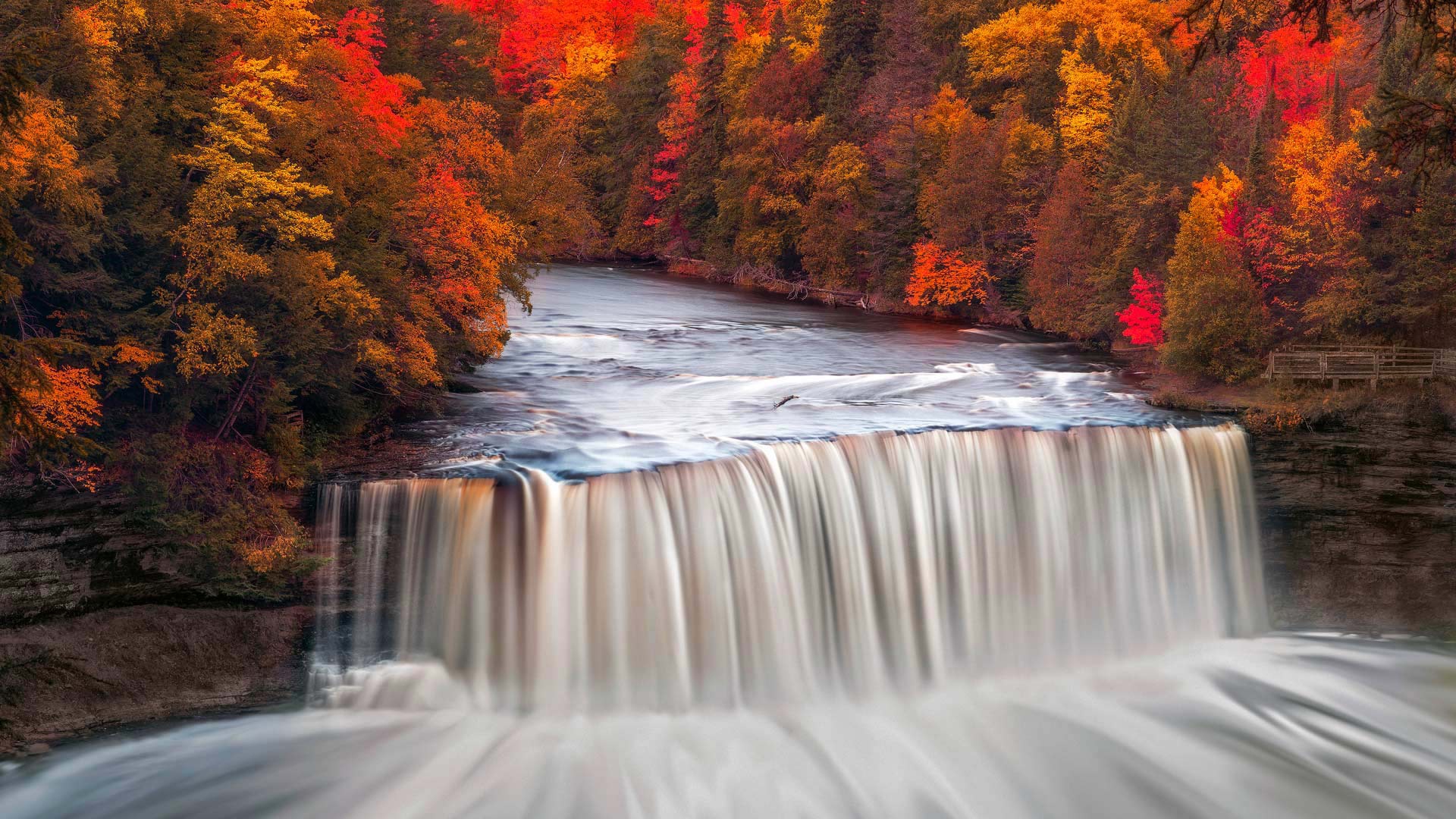 1920x1080 Wallpaper autumn, trees, river, waterfall, Michigan, USA, State Park, Taquamenon Falls for mobile and desktop, section природа, resolution 1920x1080