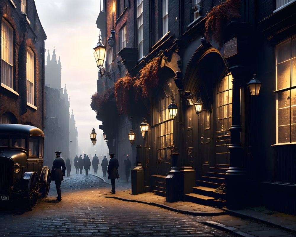 1000x800 image of A man walks along a cobbled street at midnight, theres a clock tower in the background, Victorian London in the fog, tre. Deep Dream Generator