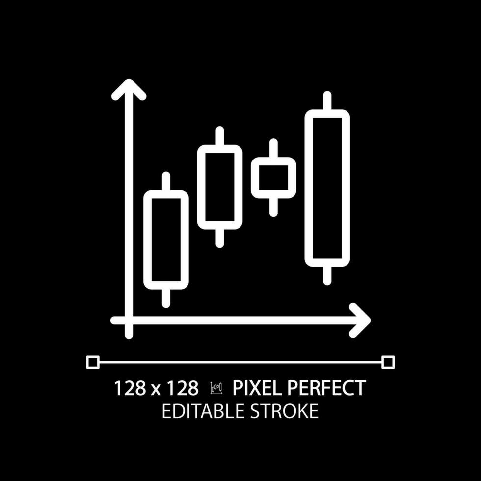 980x980 Candlestick chart white linear icon for dark theme. Forex trading. Professional sales. Stock market. Financial investment. Thin line illustration. Isolated symbol for night mode. Editable stroke