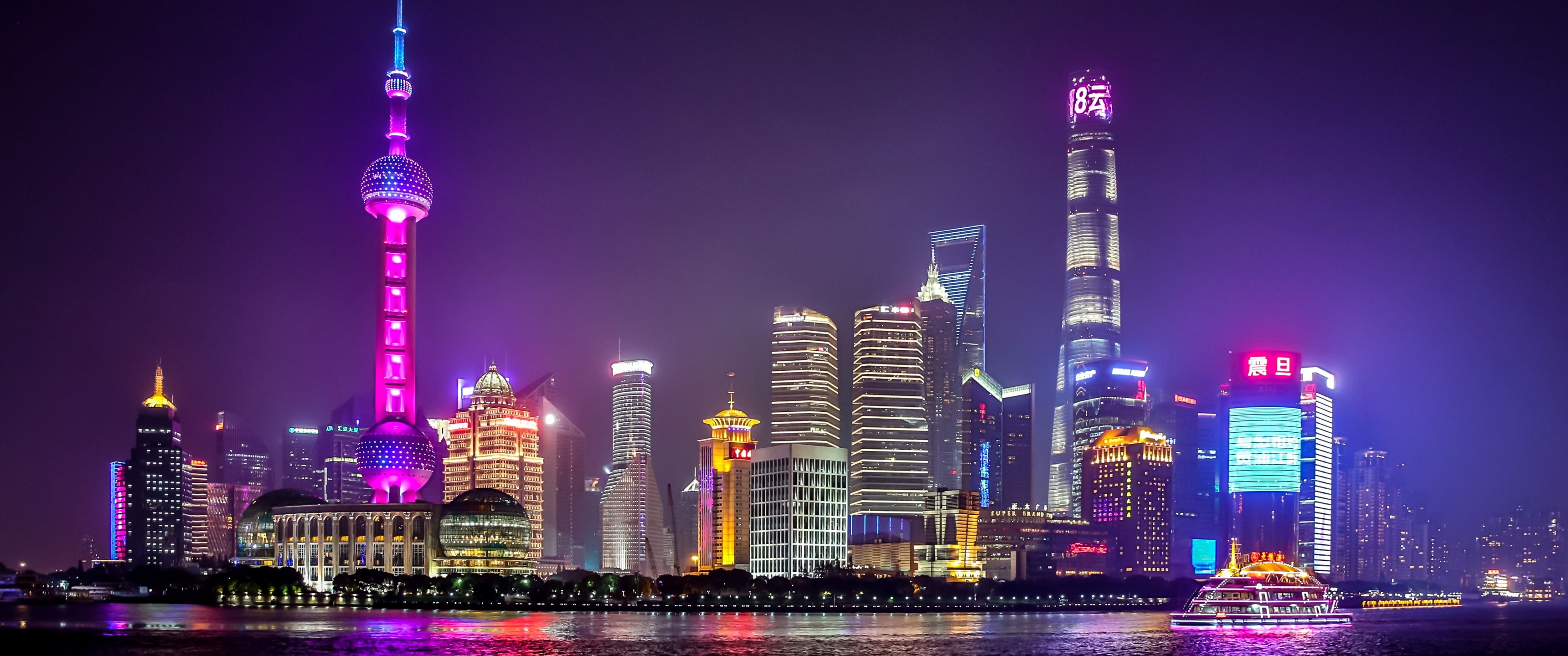3440x1440 Shanghai City Wallpaper 4K, Body of Water, Reflection