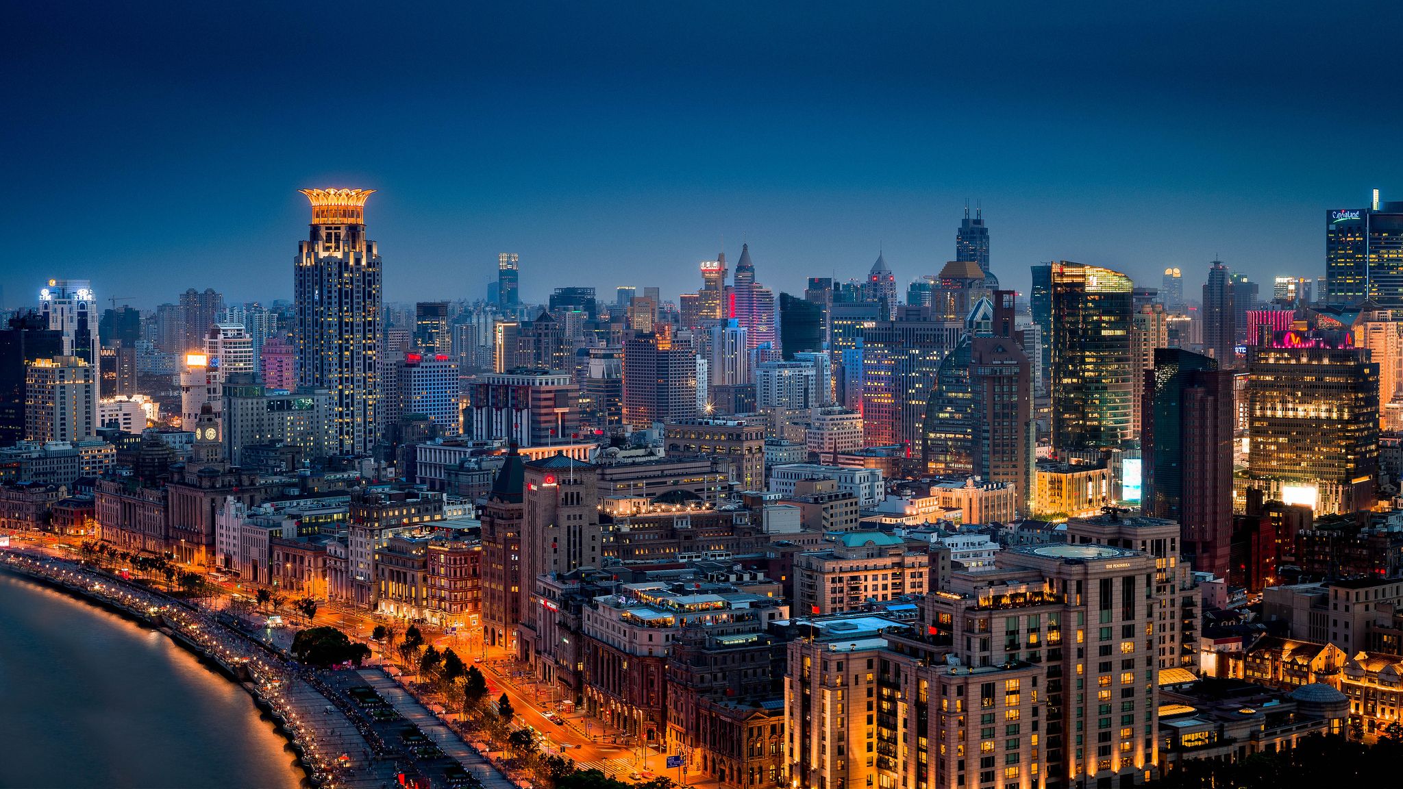 2048x1152 Wallpaper China, building, panorama, China, Shanghai, Shanghai, night city, promenade for mobile and desktop, section город, resolution 2048x1152