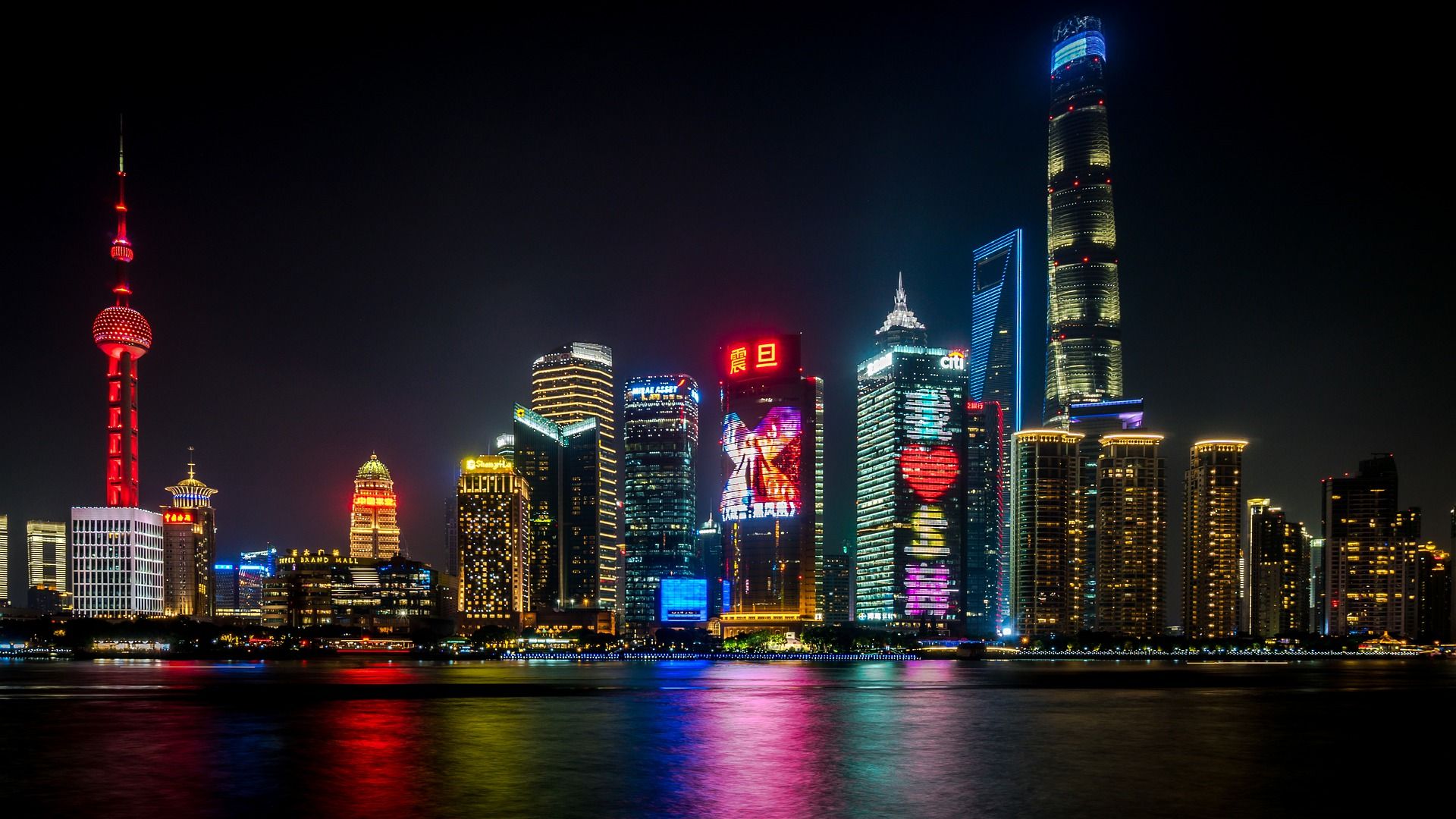 1920x1080 Desktop wallpaper: Man Made, Shanghai, Building, China, City, Colors, Light, Night, Skyscraper, Cities 4K free download for PC. 469527