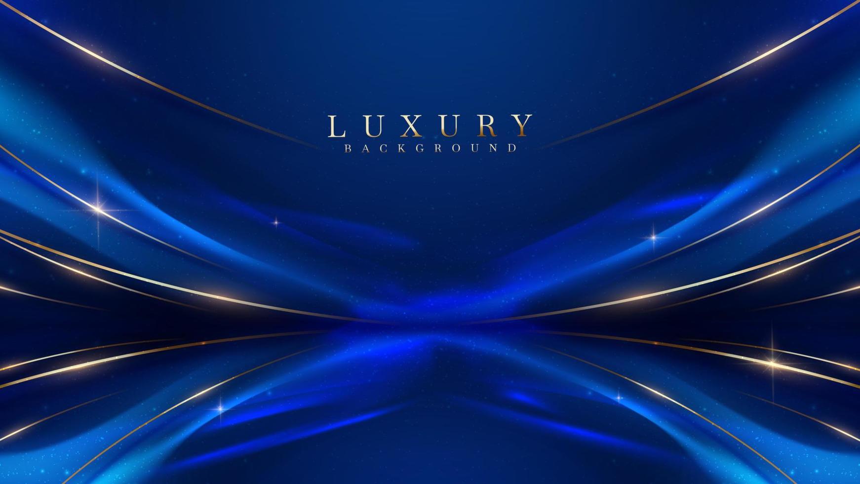 1742x980 Blue luxury background with golden line decoration and curve light effect with bokeh elements