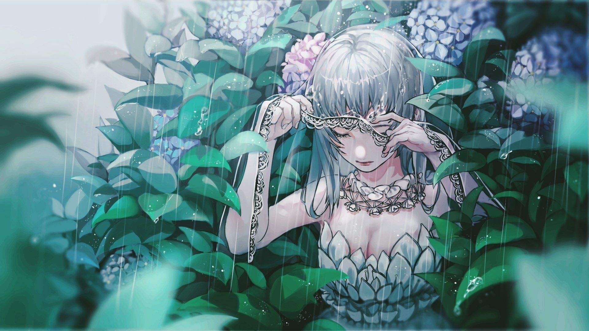 1920x1080 Long Silver Hair & Veiled Blossom