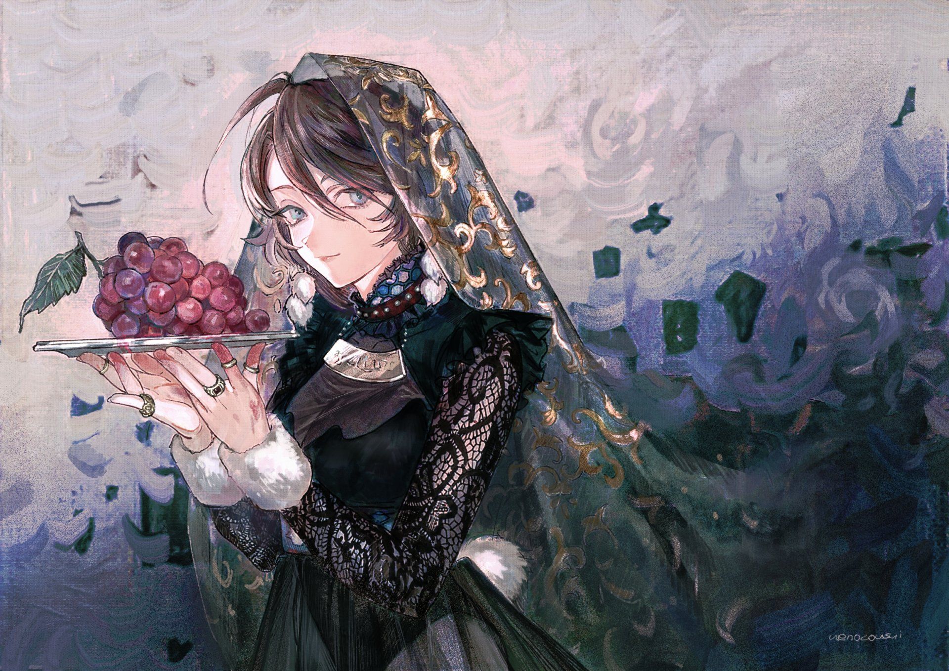 1920x1358 Veiled Elegance: Blue Eyed Anime Beauty With Grapes And Rings HD Wallpaper By 上埜すい蔵x1754