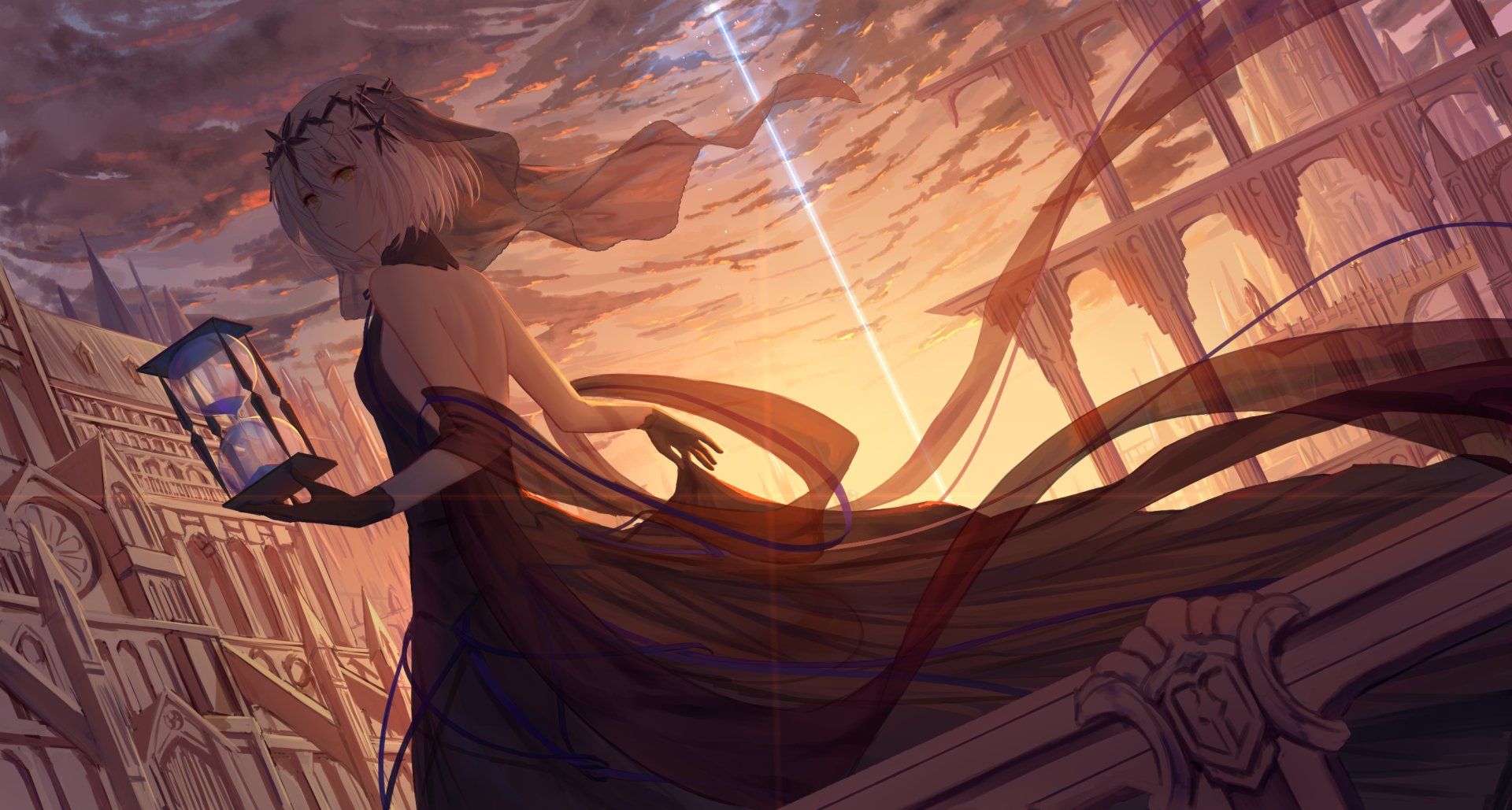1920x1029 Golden Veil: Anime Sunset with Hourglass and Yellow Eyes HD Wallpaper by 行目痕x1500