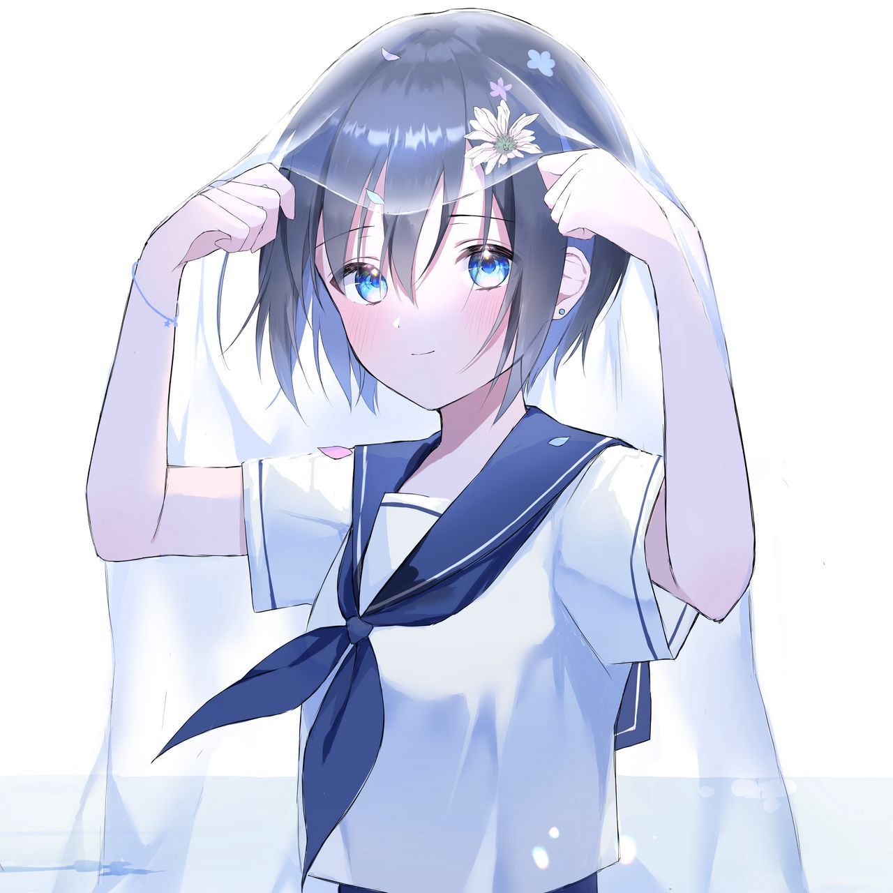 1280x1280 Download wallpaper 1280x1280 girl, veil, water, flowers, anime, art, blue ipad, ipad ipad mini for parallax HD background