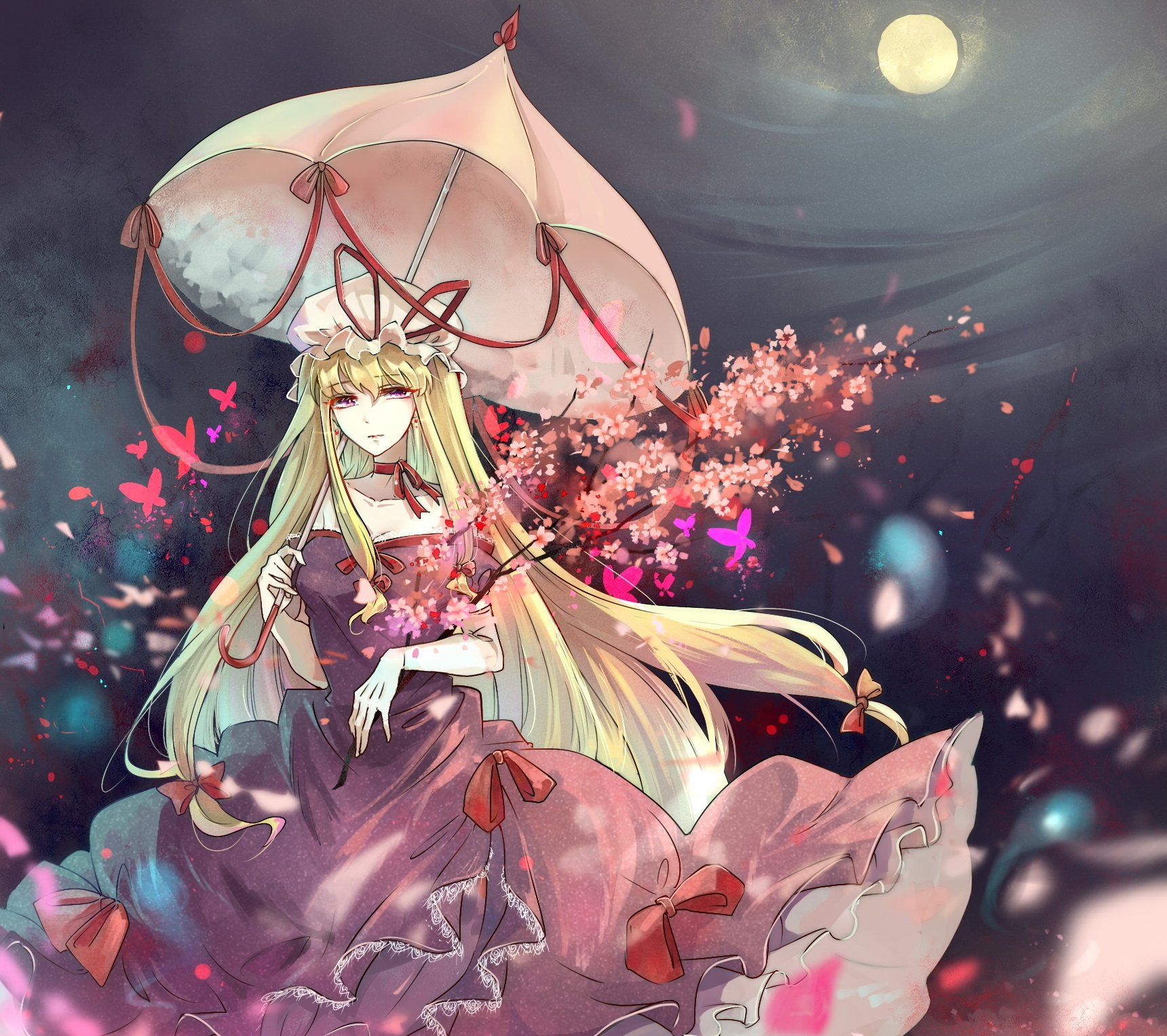 1720x1527 Yukari Yakumo: Moonlit Umbrella & Petal Veil (Touhou HD Wallpaper)x1527