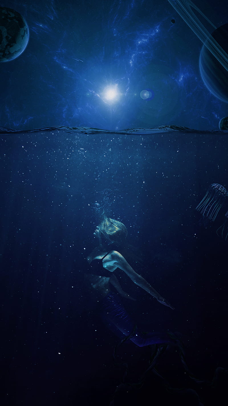 800x1422 UnderSea, blue, girl, light, moon, ocean, sea, space, water, HD phone wallpaper