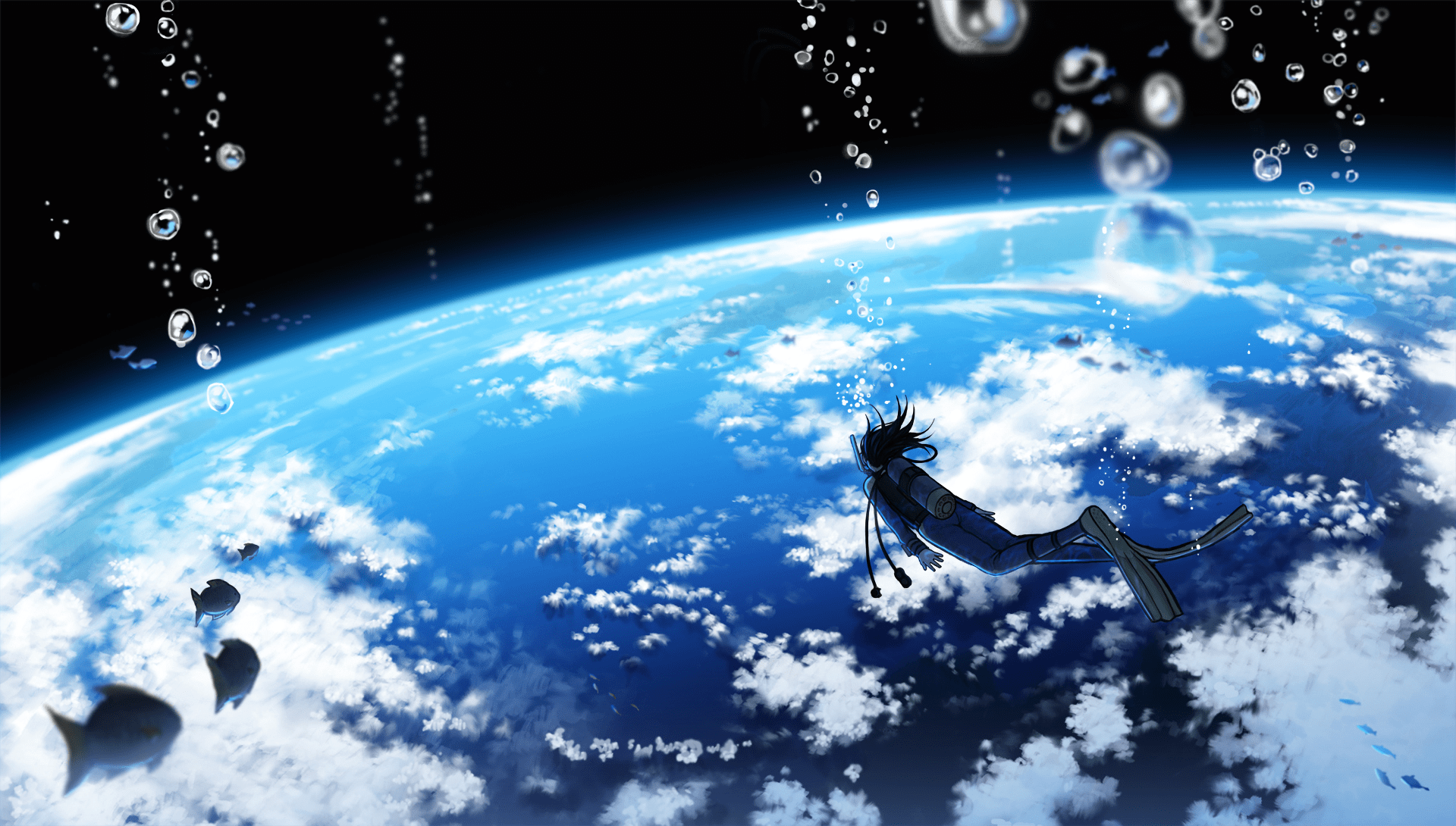 1920x1090 Dreamy Cloud Fish: Anime Earth HD Wallpaper