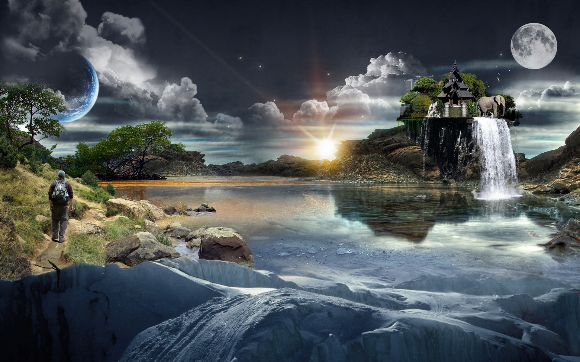 1920x1200 Waterfalls digital wallpepr, fantasy art, digital art, planet, water HD wallpaper