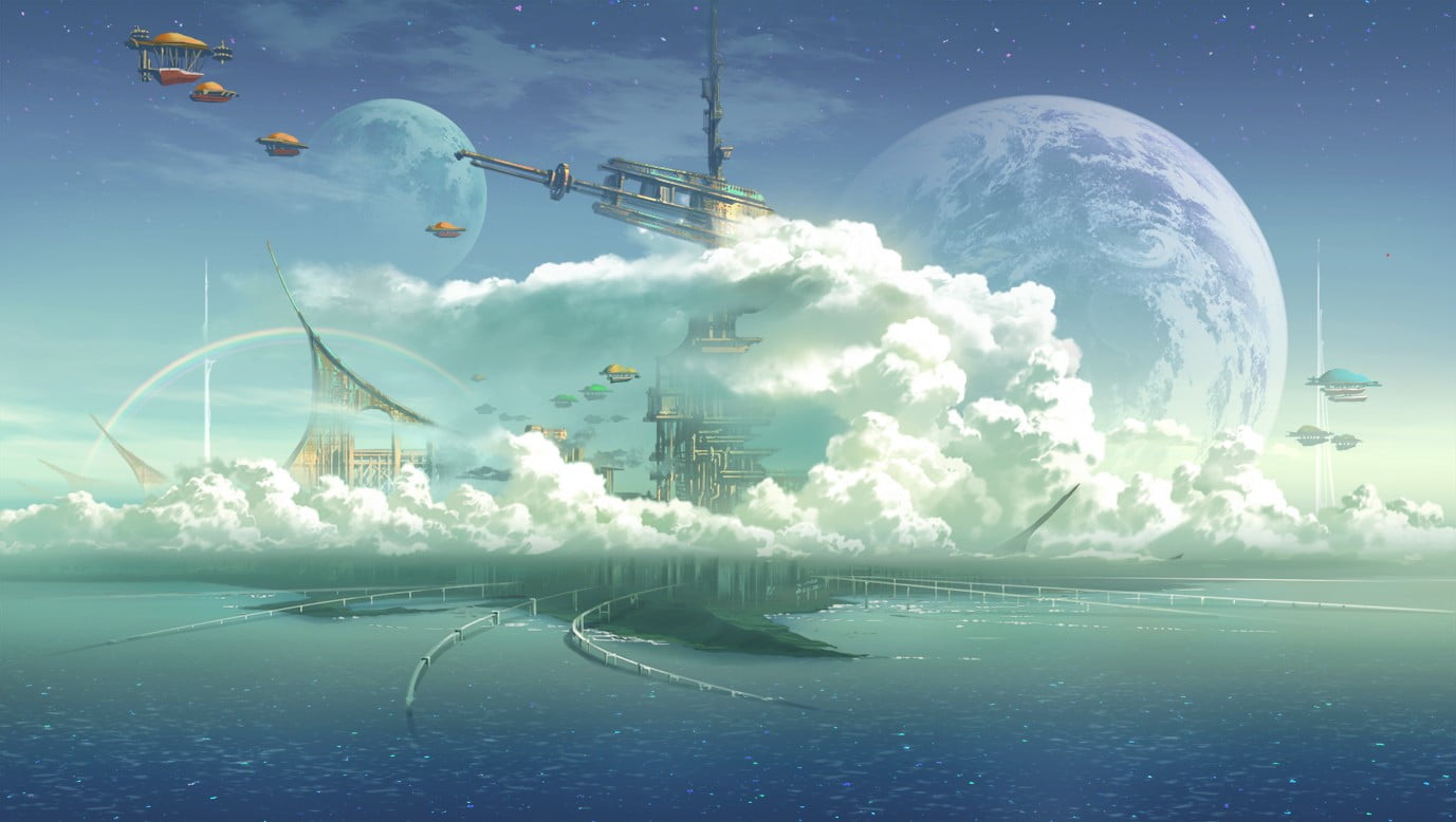 1377x778 Body of water, anime, fantasy art, sky, planet HD wallpaper