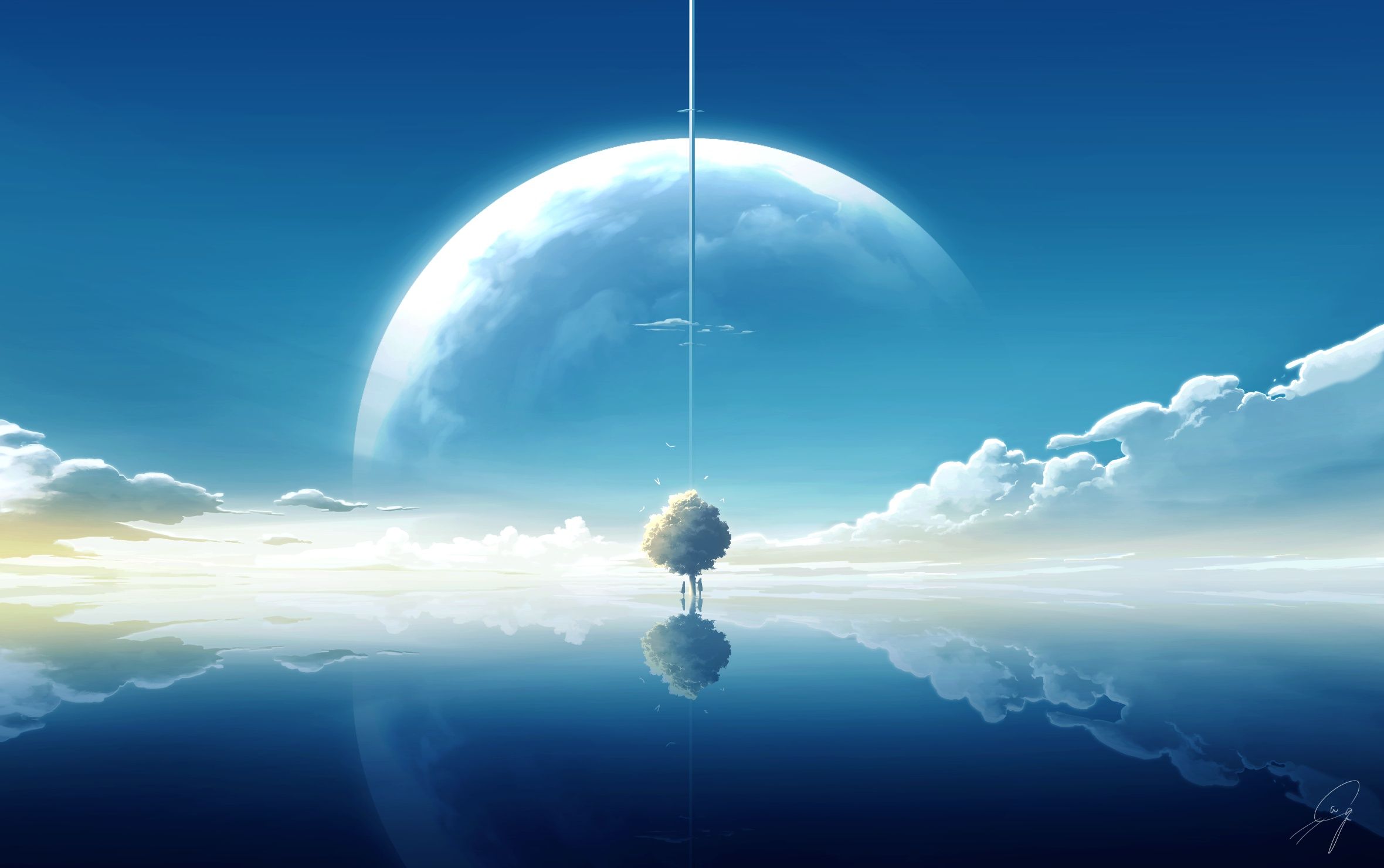 2360x1480 Desktop wallpaper: Anime, Original, Cloud, Planet, Reflection, Sky, Tree, Water 4K free download for PC. 963562