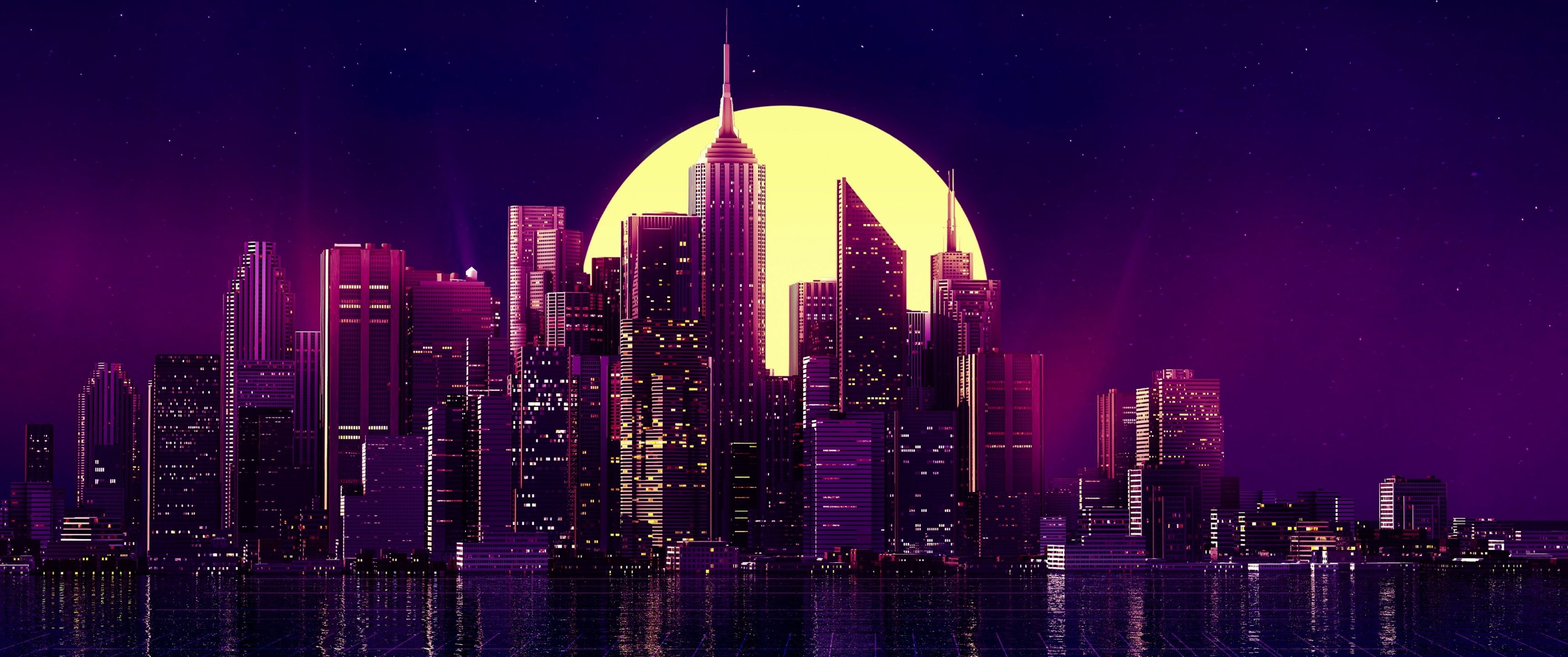 3440x1440 Cityscape Wallpaper 4K, Synthwave, Moon, Neon, Retrowave