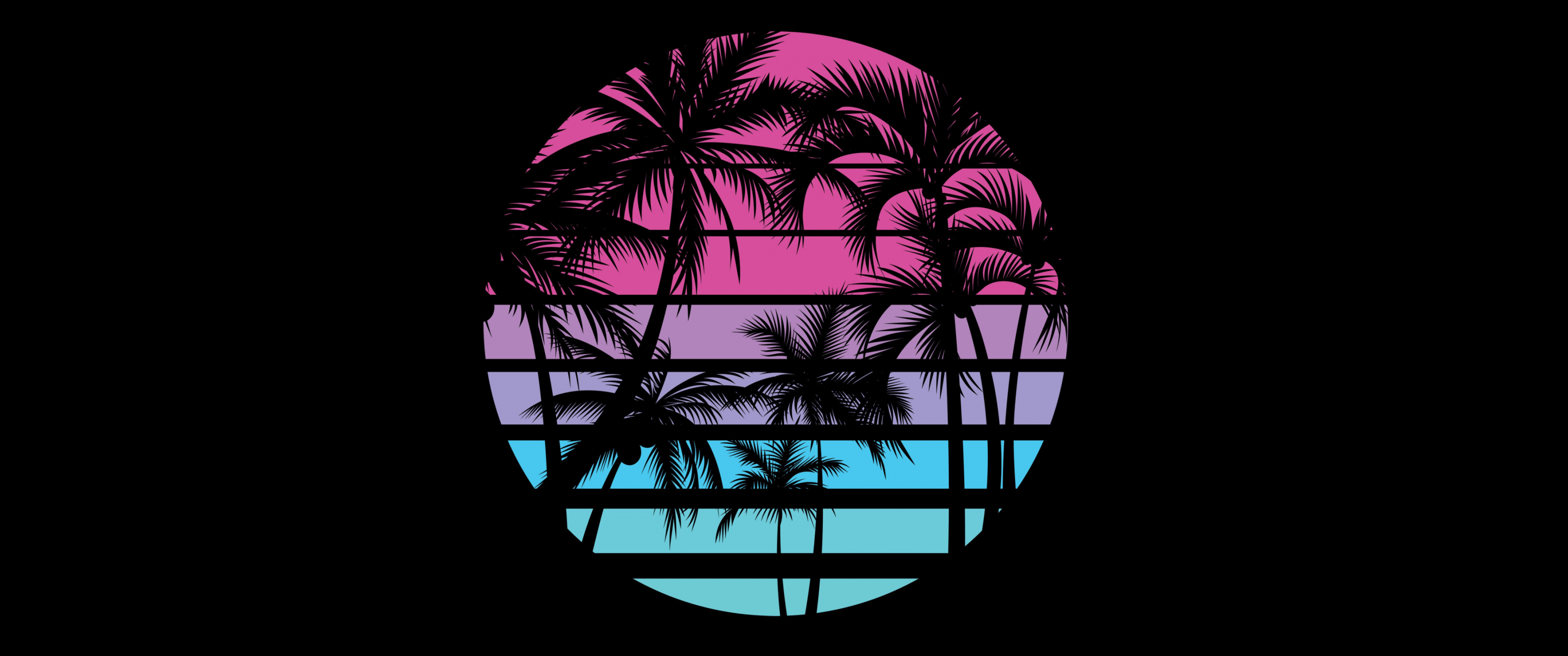 3440x1440 Synthwave Wallpaper 4K, Nostalgic, Palm trees